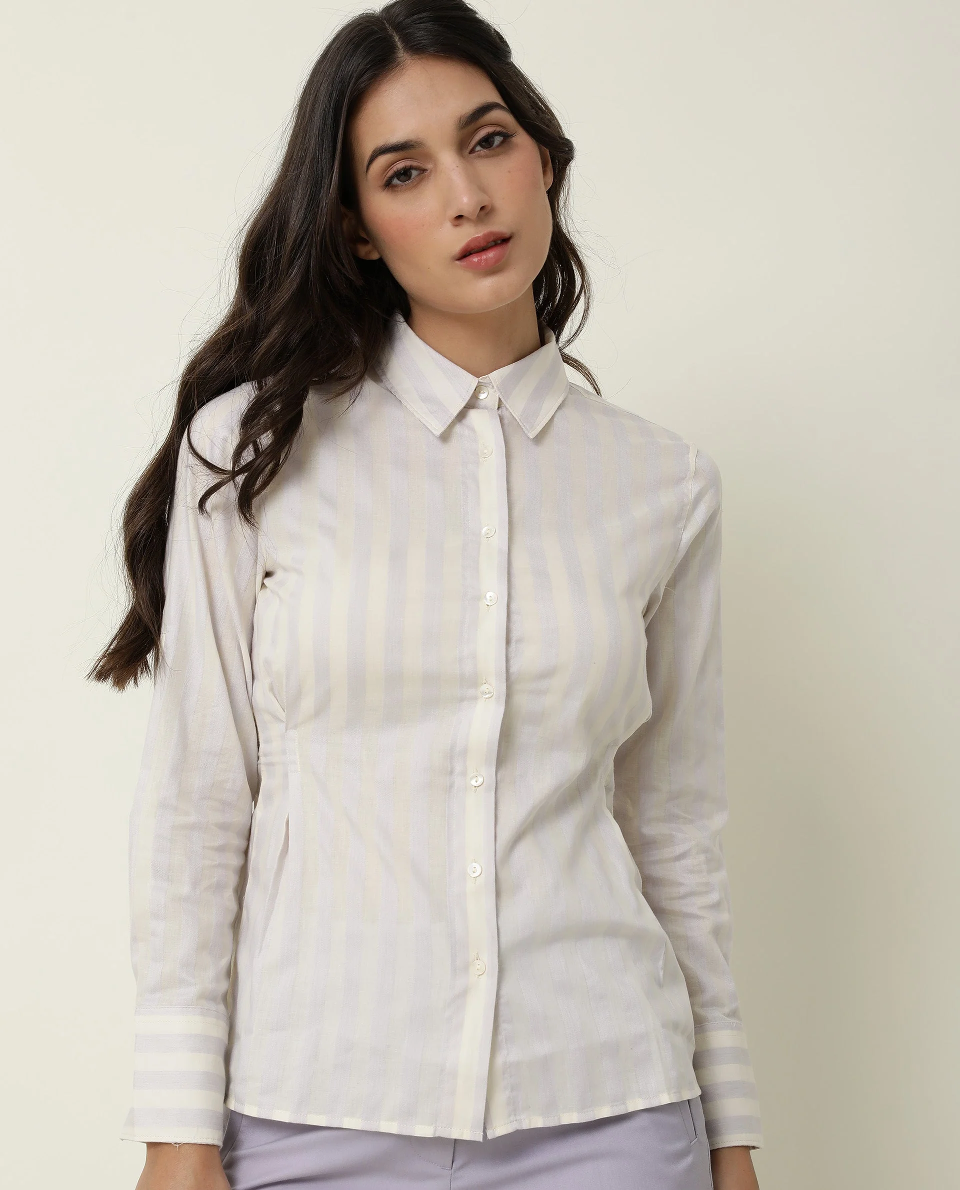 Rareism Women's Pickle Yellow Cotton Spread Collar Striped Regular Fit Top - Image 9