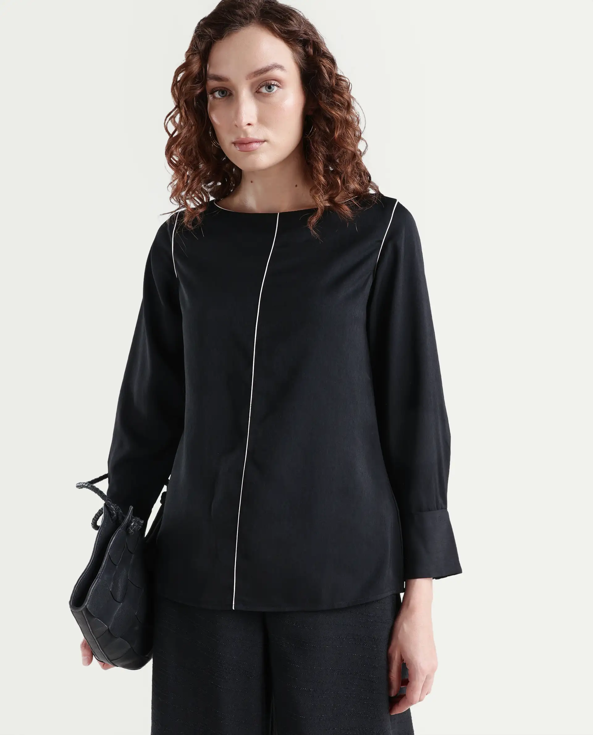 Rareism Women's Pidet Black Satin Boat Neck Plain Cuffed Sleeve Regular Fit Top