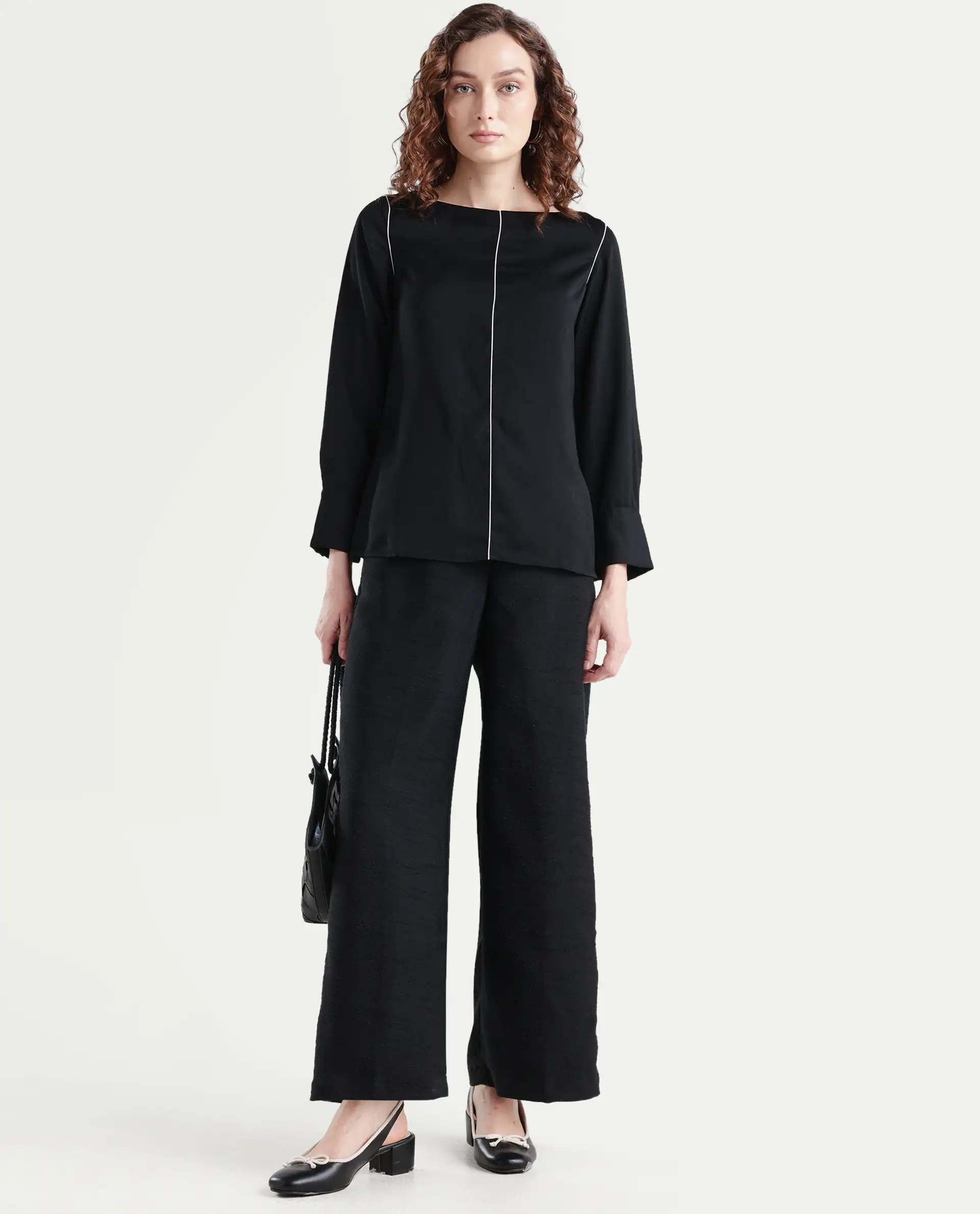 Rareism Women's Pidet Black Satin Boat Neck Plain Cuffed Sleeve Regular Fit Top - Image 2