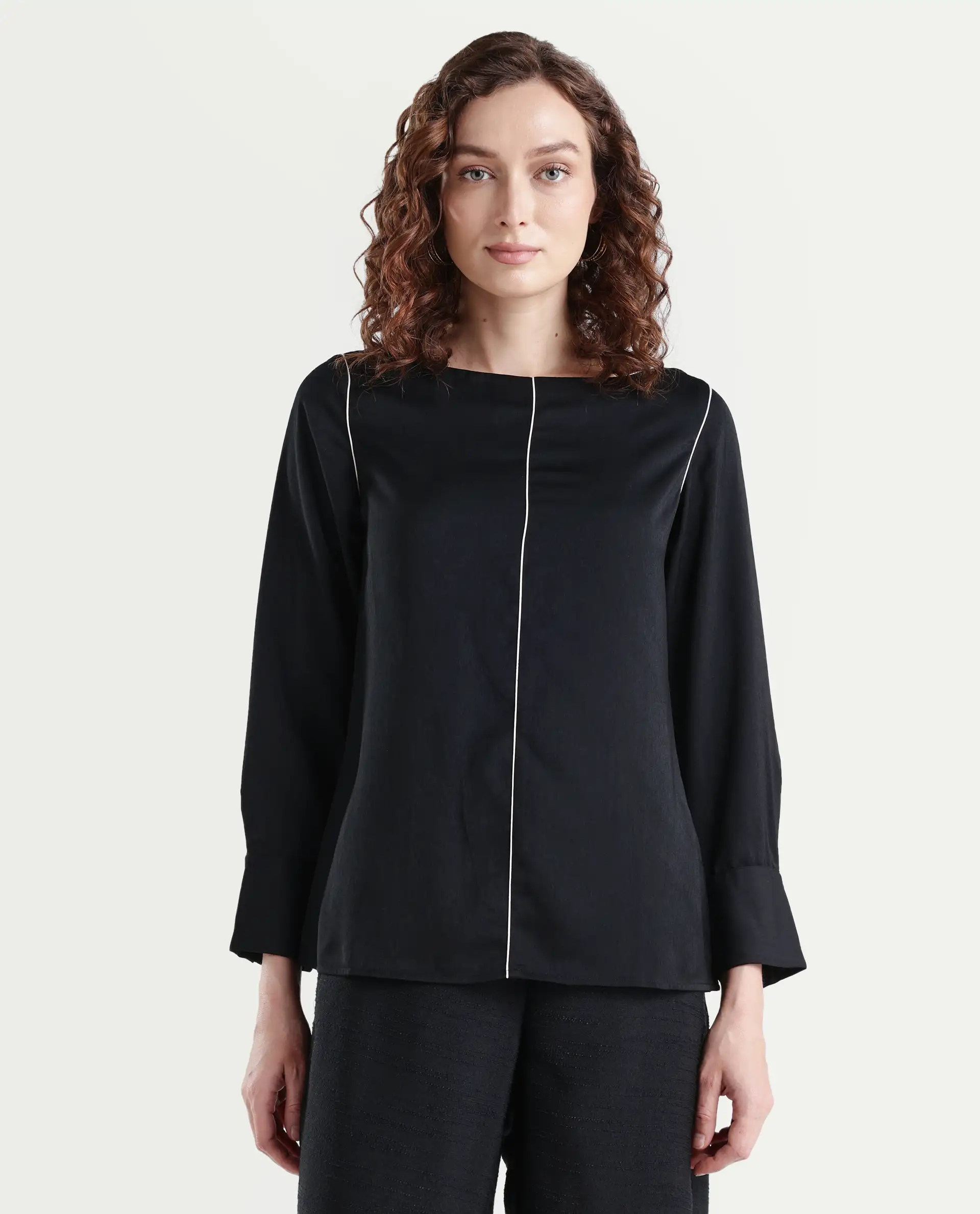 Rareism Women's Pidet Black Satin Boat Neck Plain Cuffed Sleeve Regular Fit Top - Image 3