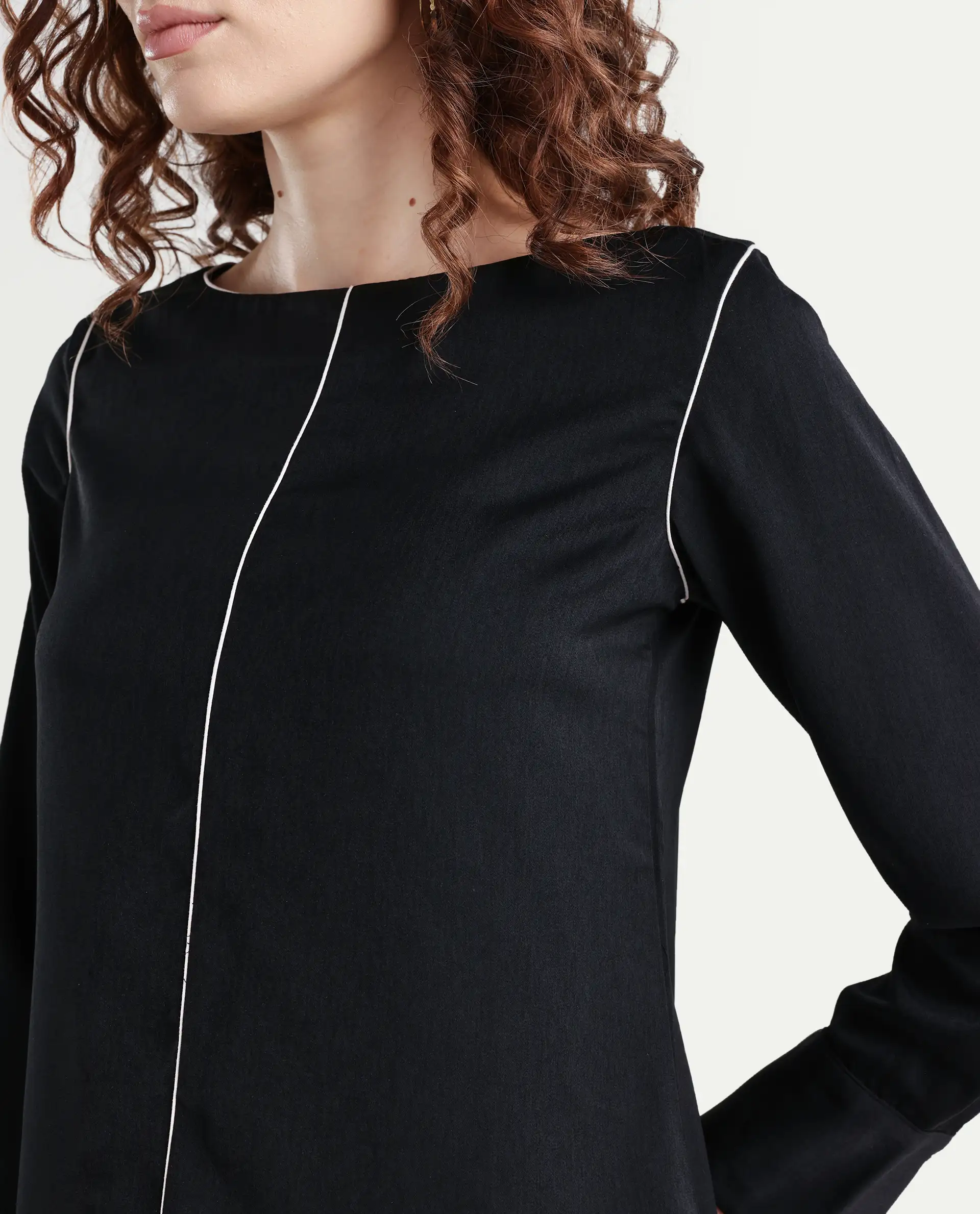 Rareism Women's Pidet Black Satin Boat Neck Plain Cuffed Sleeve Regular Fit Top - Image 4