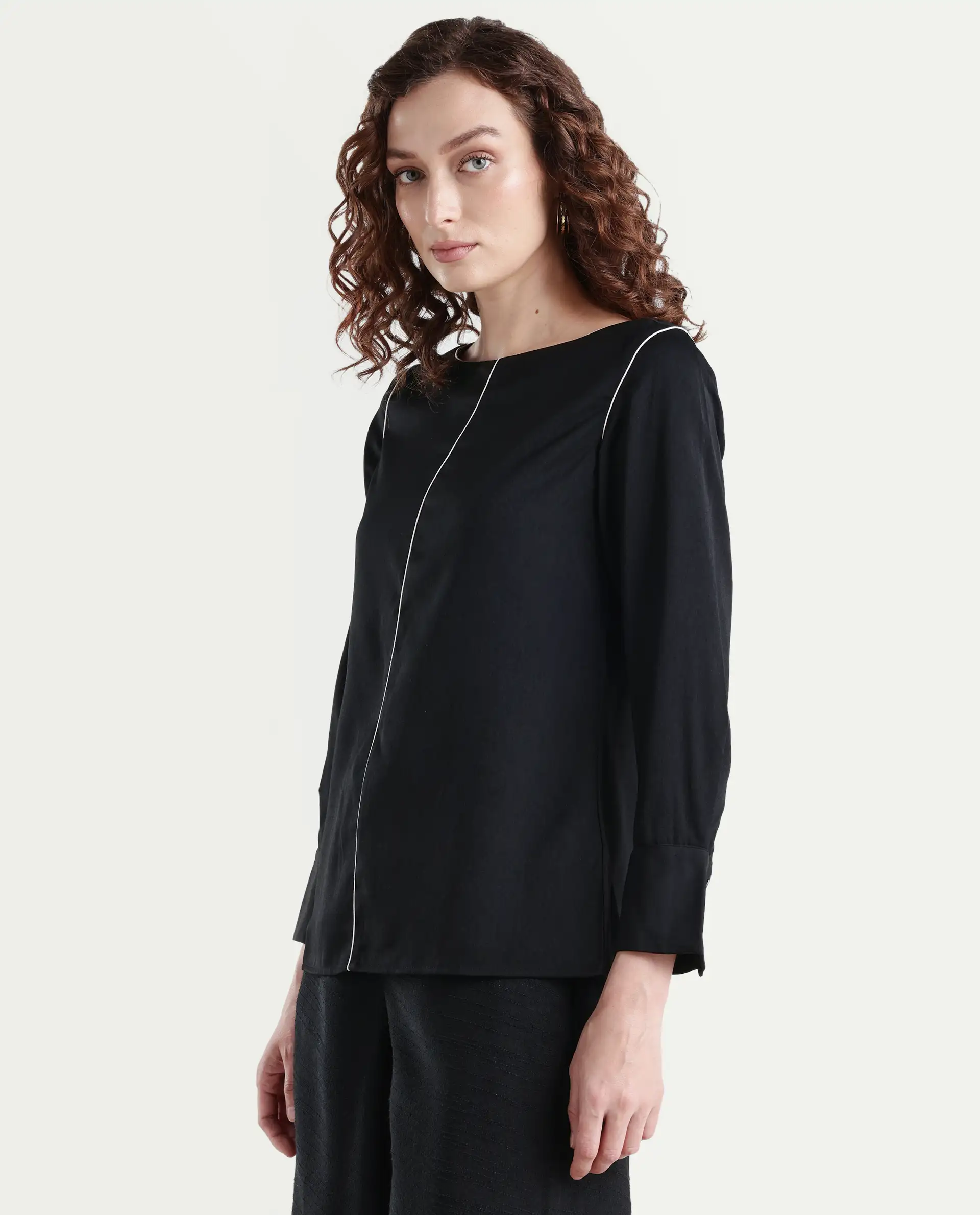 Rareism Women's Pidet Black Satin Boat Neck Plain Cuffed Sleeve Regular Fit Top - Image 5