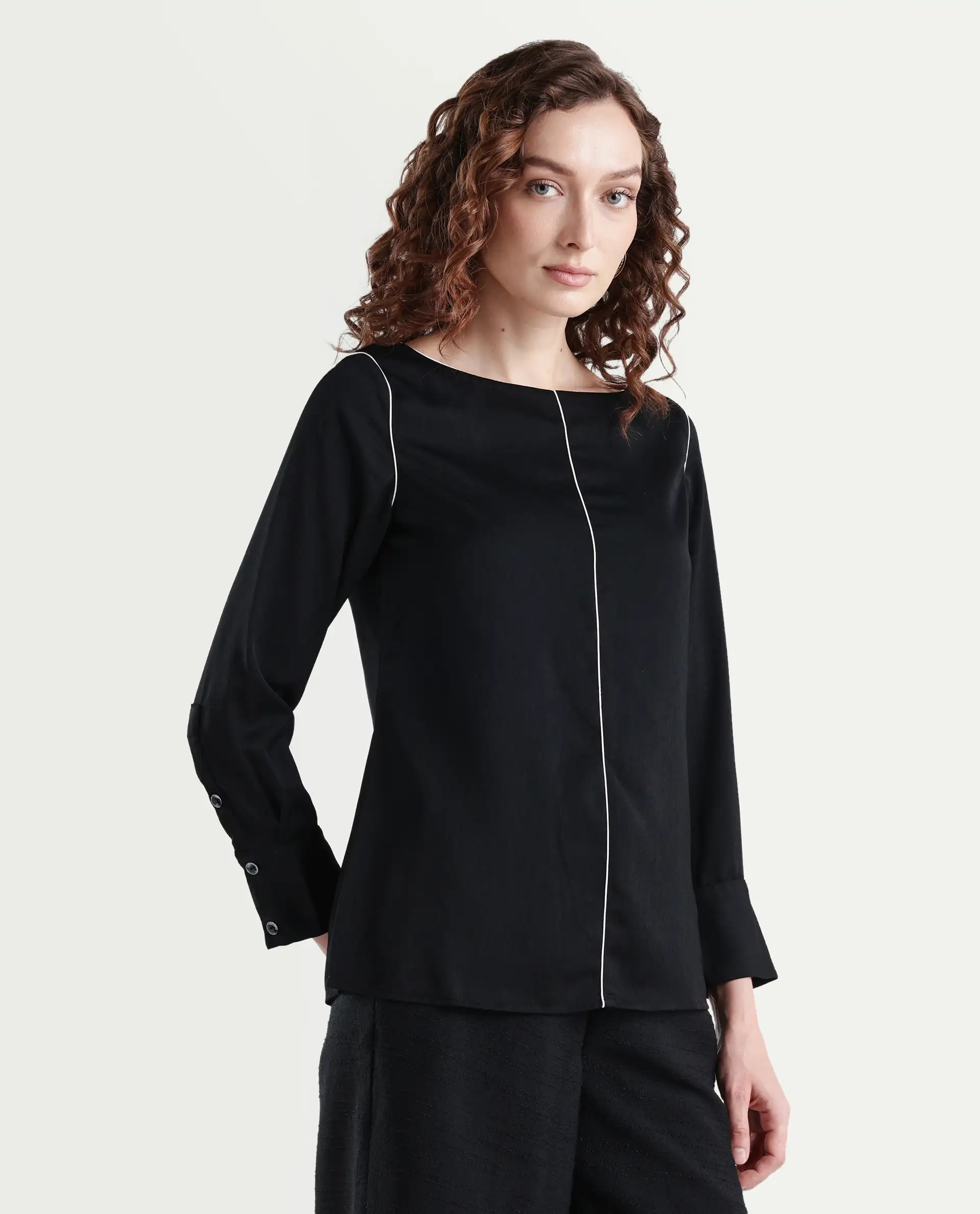 Rareism Women's Pidet Black Satin Boat Neck Plain Cuffed Sleeve Regular Fit Top - Image 6