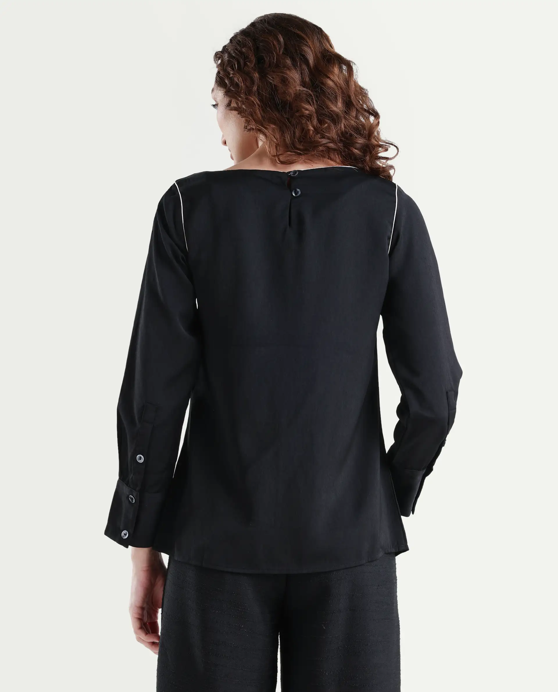 Rareism Women's Pidet Black Satin Boat Neck Plain Cuffed Sleeve Regular Fit Top - Image 7