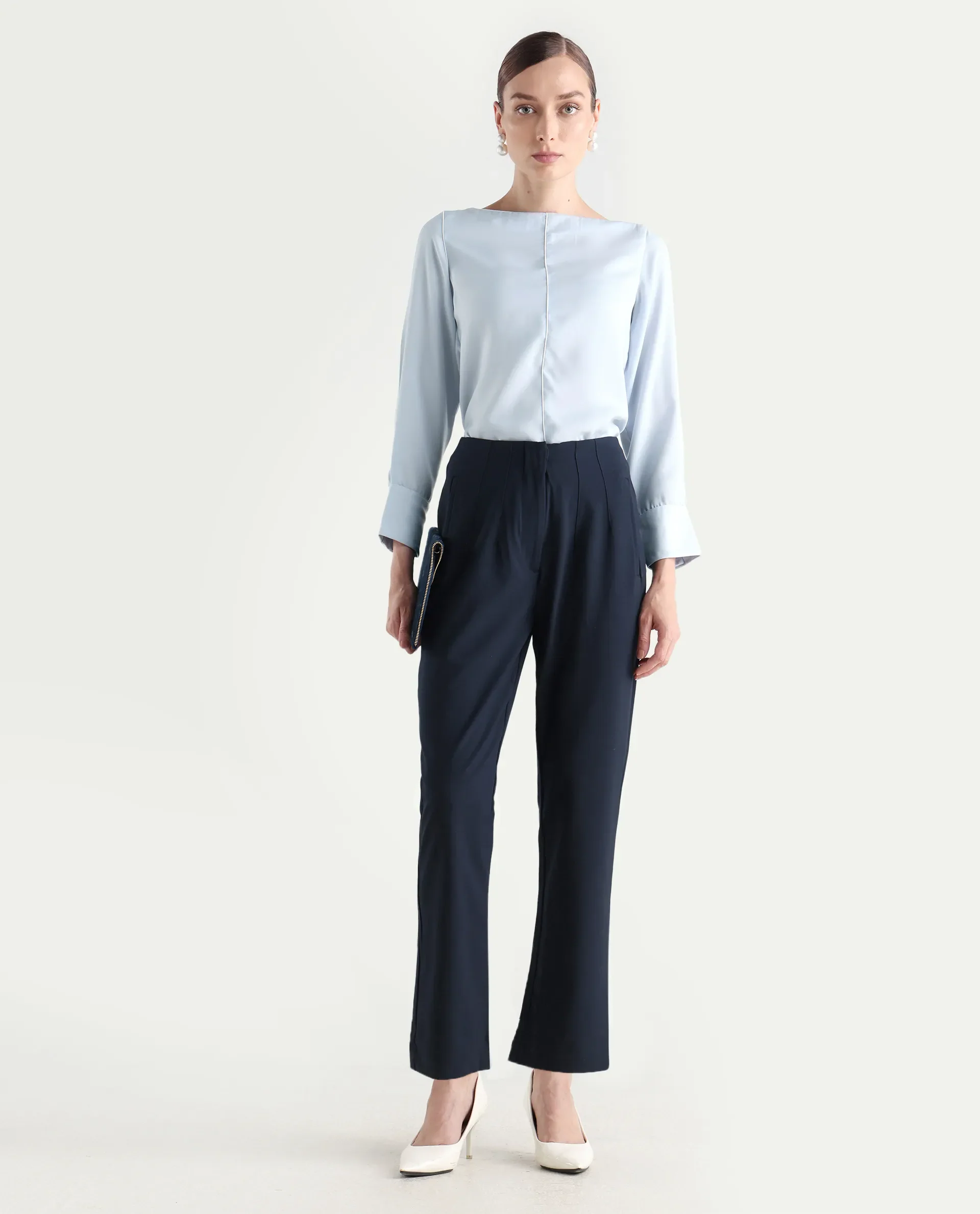 Rareism Women's Pidet Blue Satin Boat Neck Plain Cuffed Sleeve Regular Fit Top - Image 2