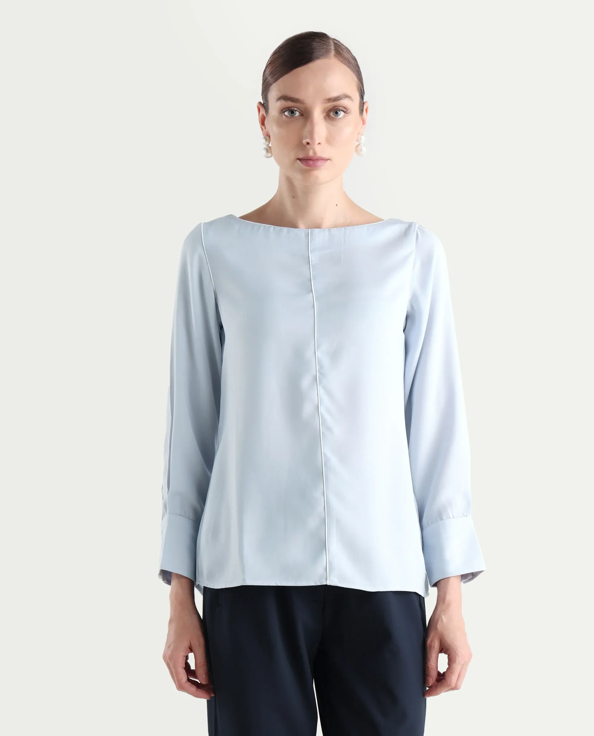 Rareism Women's Pidet Blue Satin Boat Neck Plain Cuffed Sleeve Regular Fit Top - Image 3