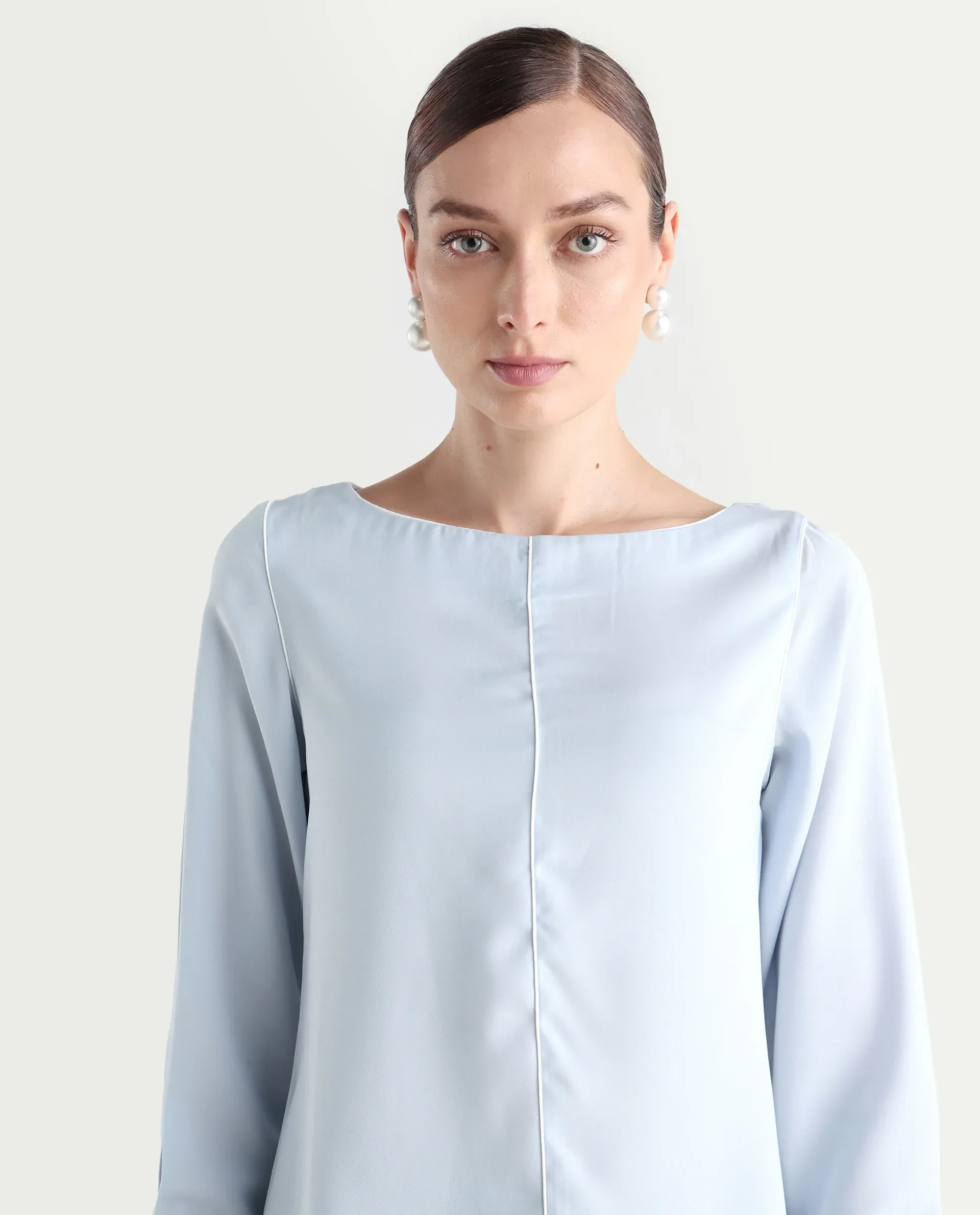 Rareism Women's Pidet Blue Satin Boat Neck Plain Cuffed Sleeve Regular Fit Top - Image 4