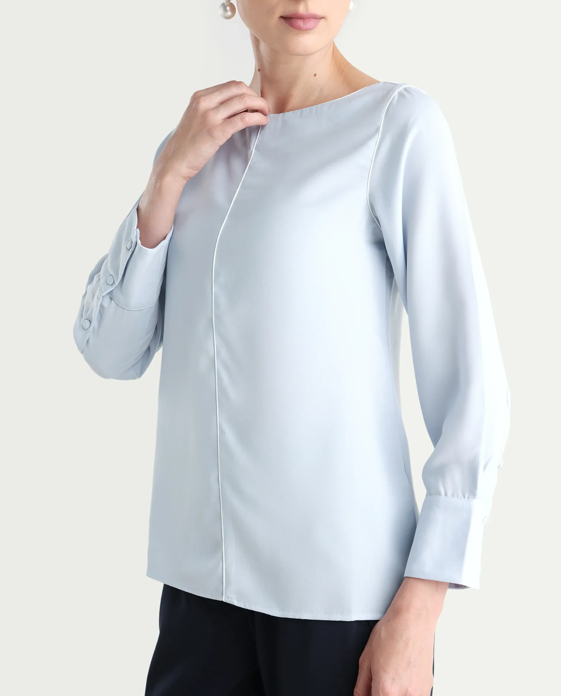 Rareism Women's Pidet Blue Satin Boat Neck Plain Cuffed Sleeve Regular Fit Top - Image 5
