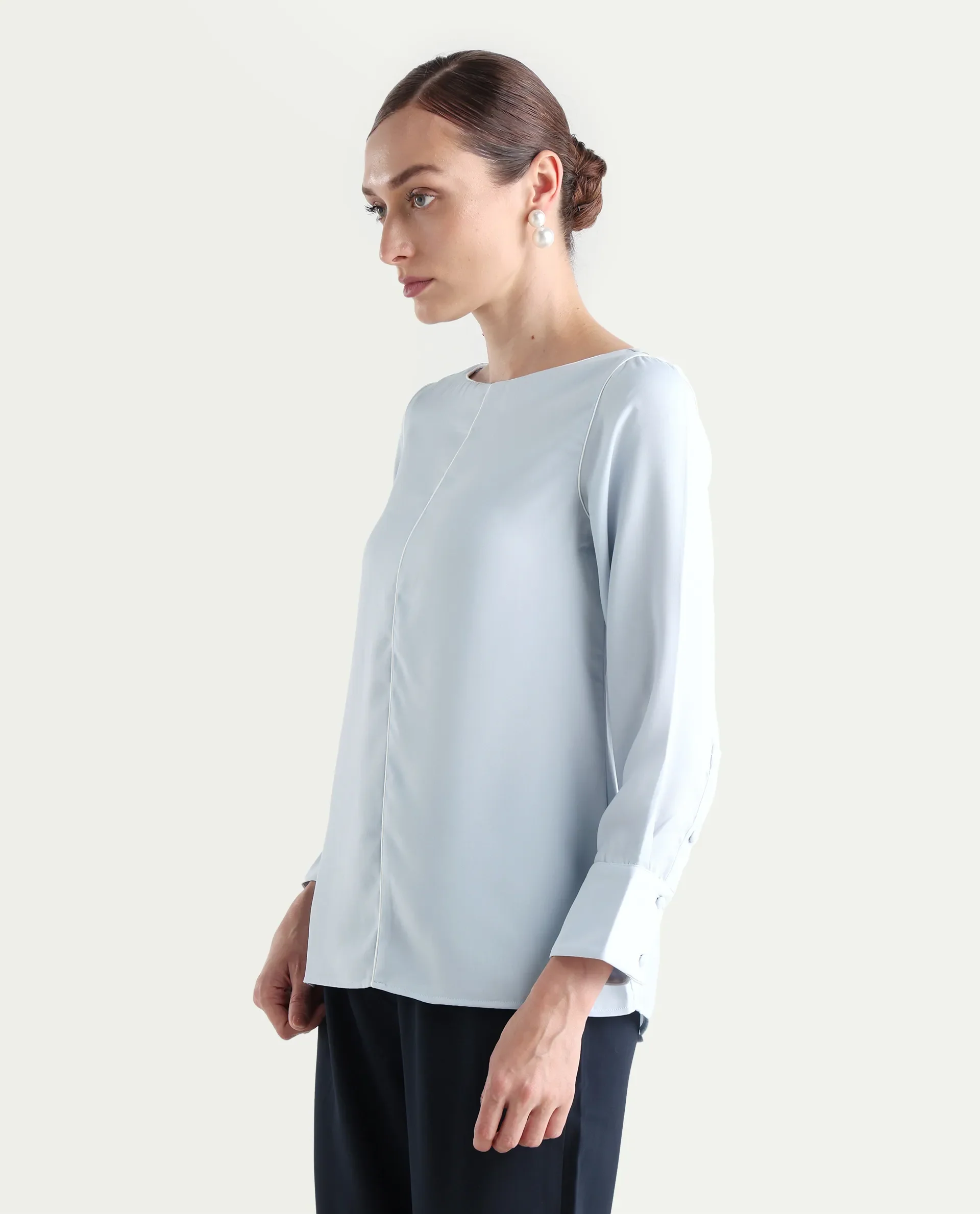 Rareism Women's Pidet Blue Satin Boat Neck Plain Cuffed Sleeve Regular Fit Top - Image 6