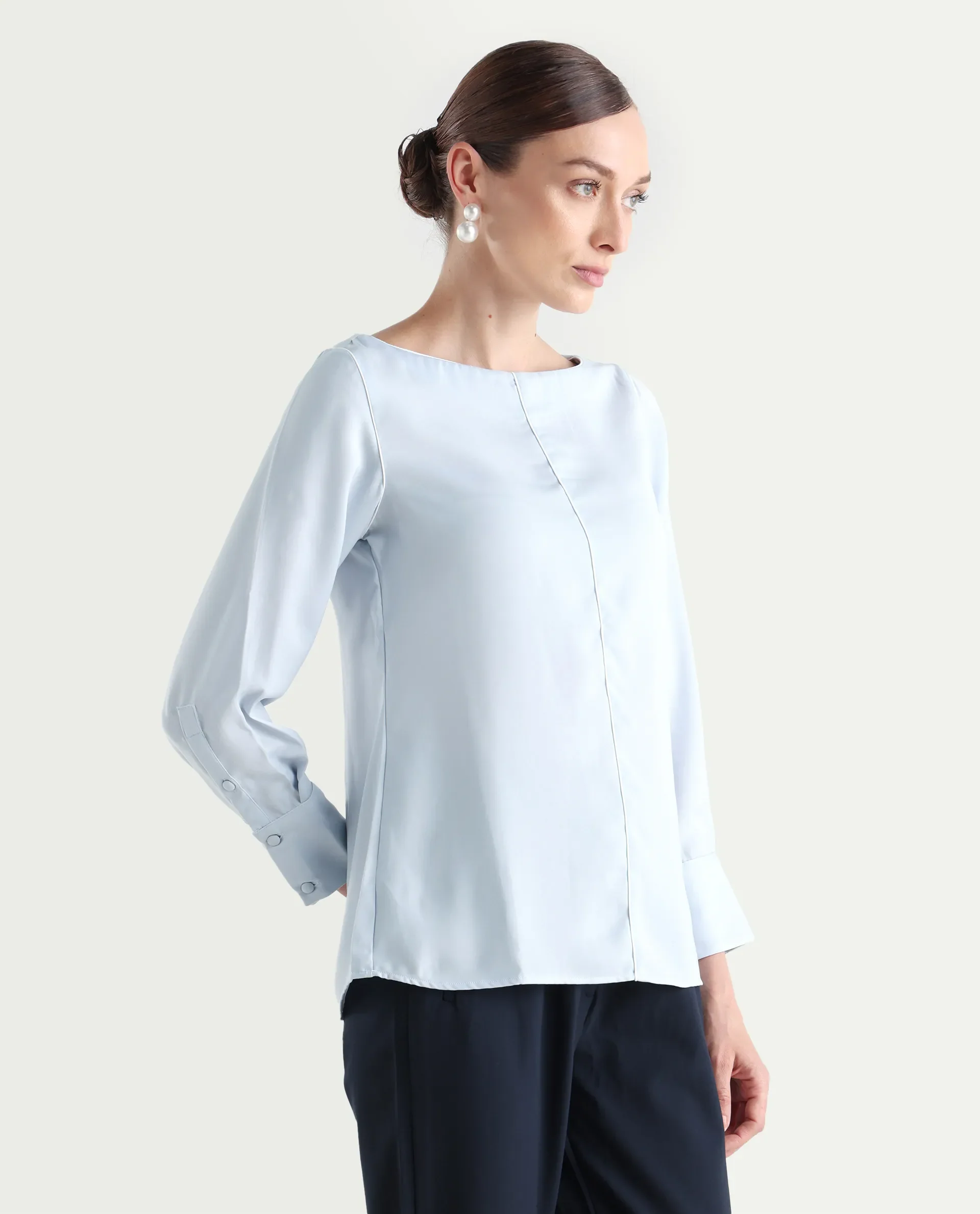 Rareism Women's Pidet Blue Satin Boat Neck Plain Cuffed Sleeve Regular Fit Top - Image 7