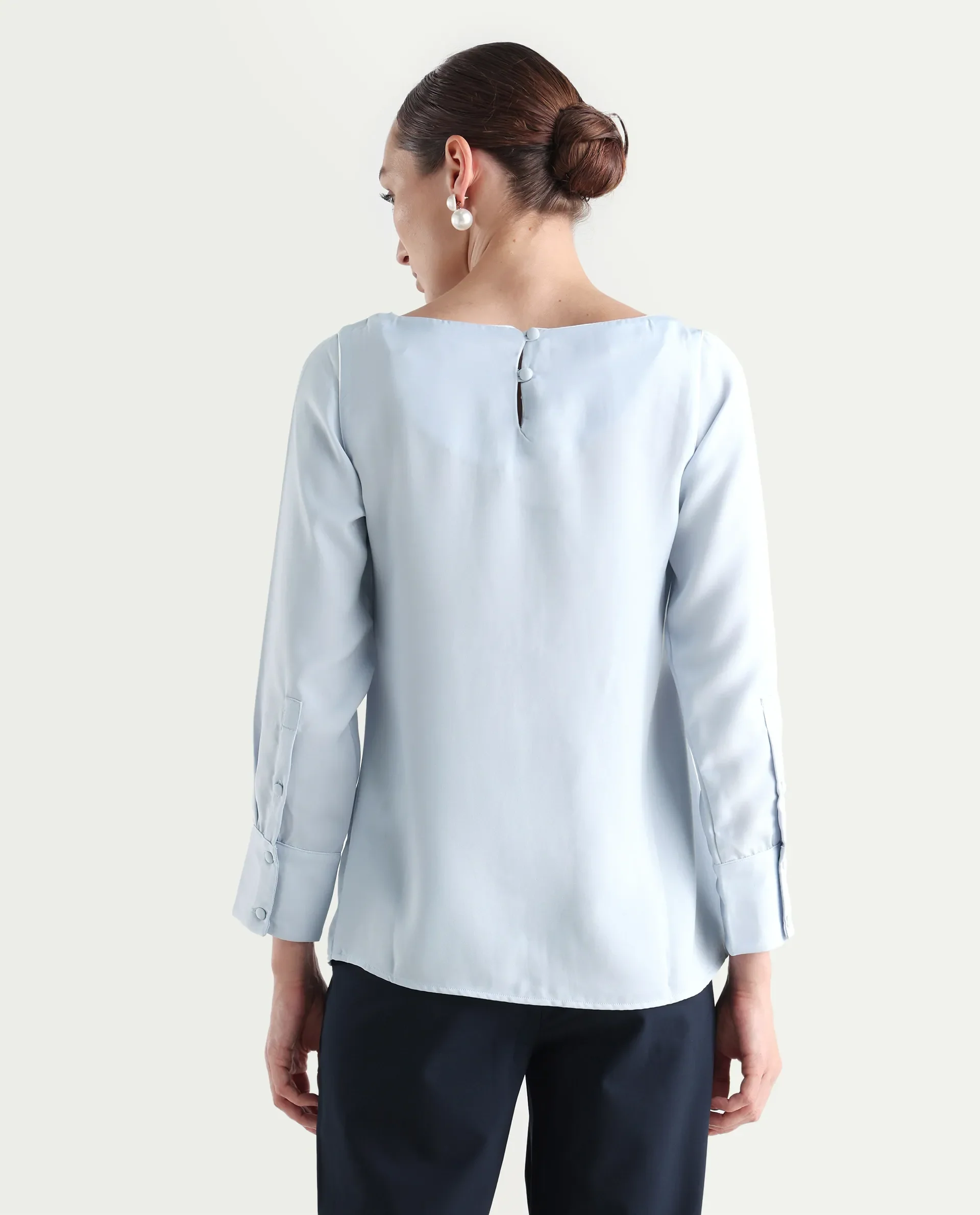 Rareism Women's Pidet Blue Satin Boat Neck Plain Cuffed Sleeve Regular Fit Top - Image 8