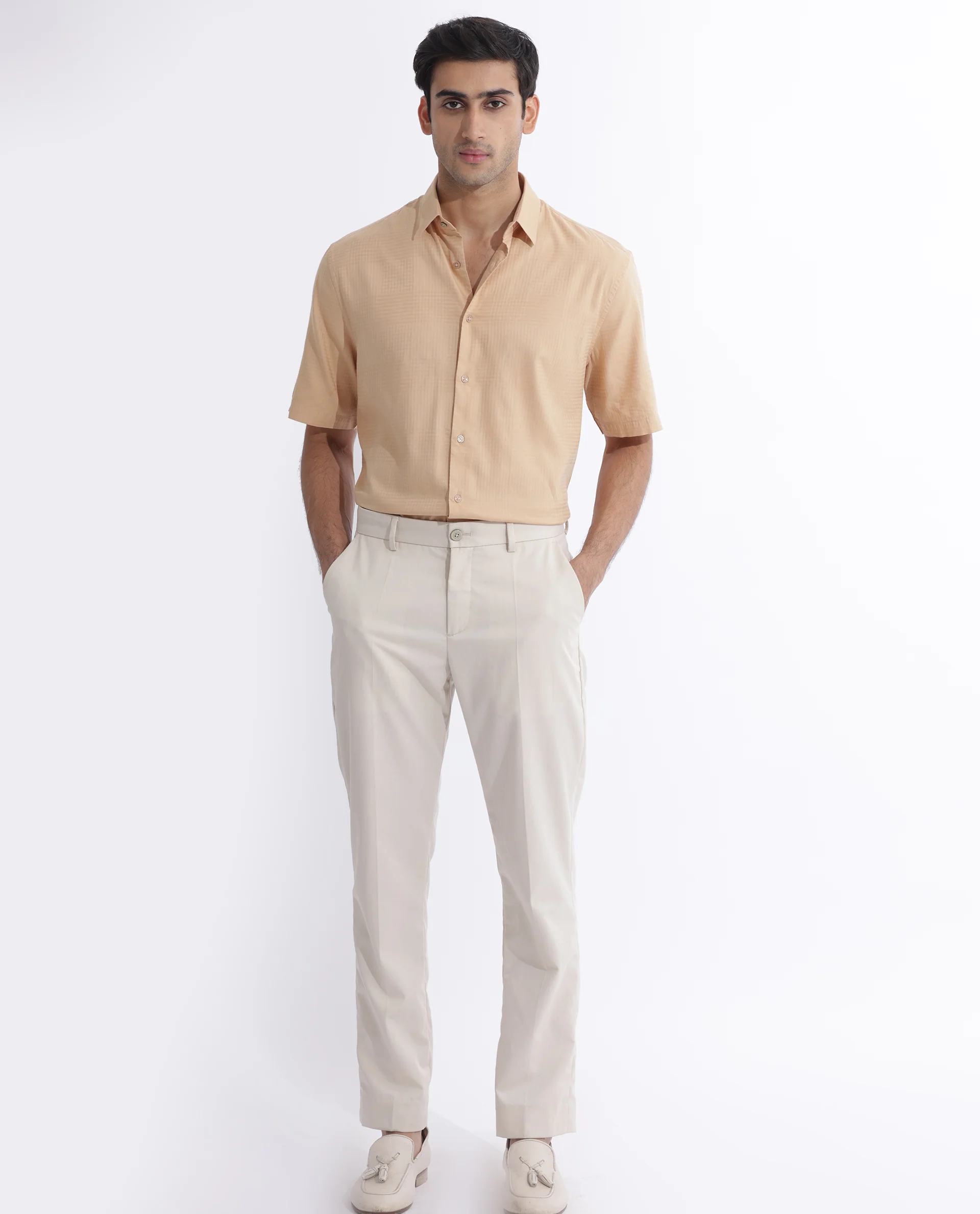 Rare Rabbit Men's Pied Beige Cotton Checked Print Regular Fit Half Sleeve Collared Shirt - Image 2