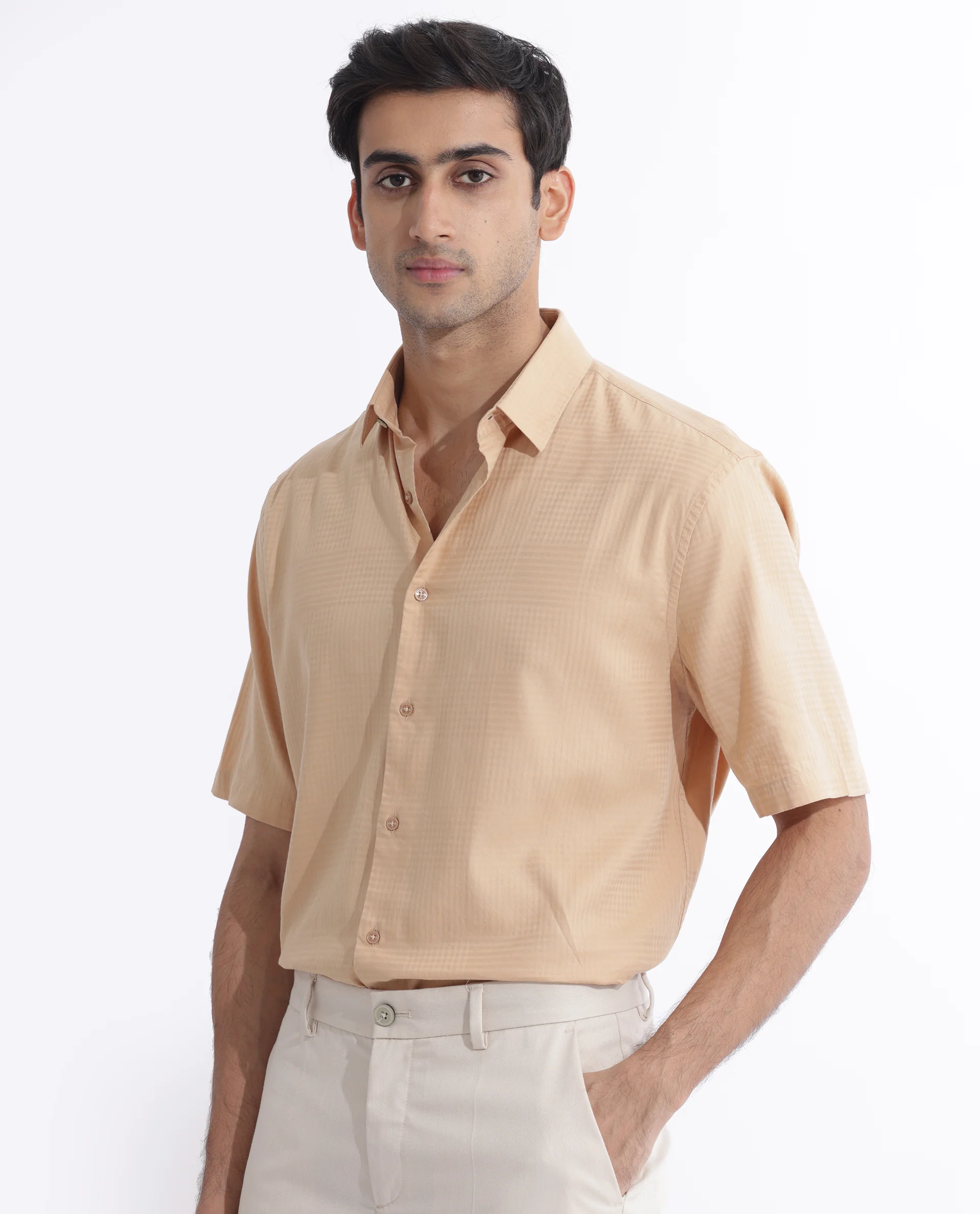 Rare Rabbit Men's Pied Beige Cotton Checked Print Regular Fit Half Sleeve Collared Shirt - Image 3