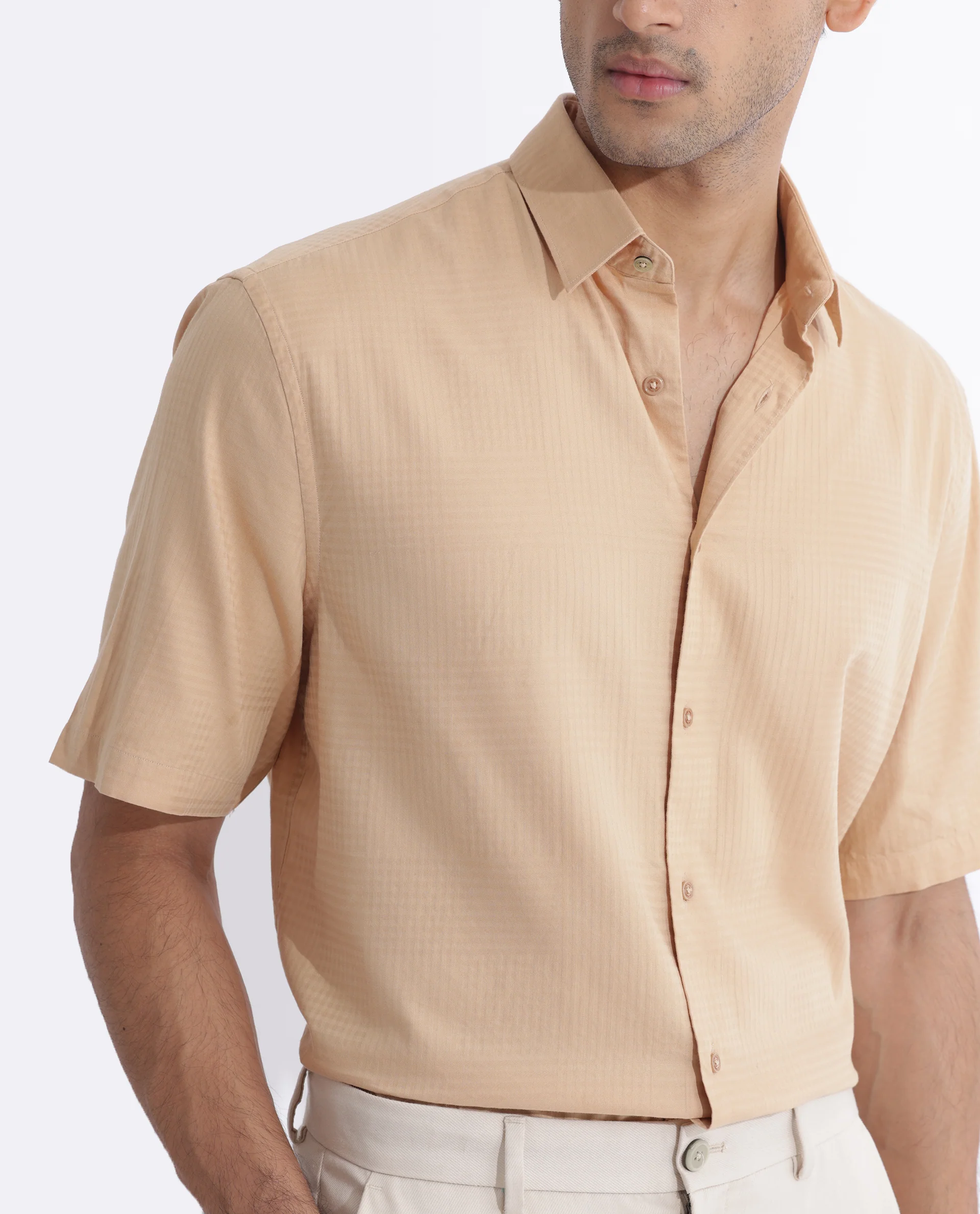 Rare Rabbit Men's Pied Beige Cotton Checked Print Regular Fit Half Sleeve Collared Shirt - Image 5
