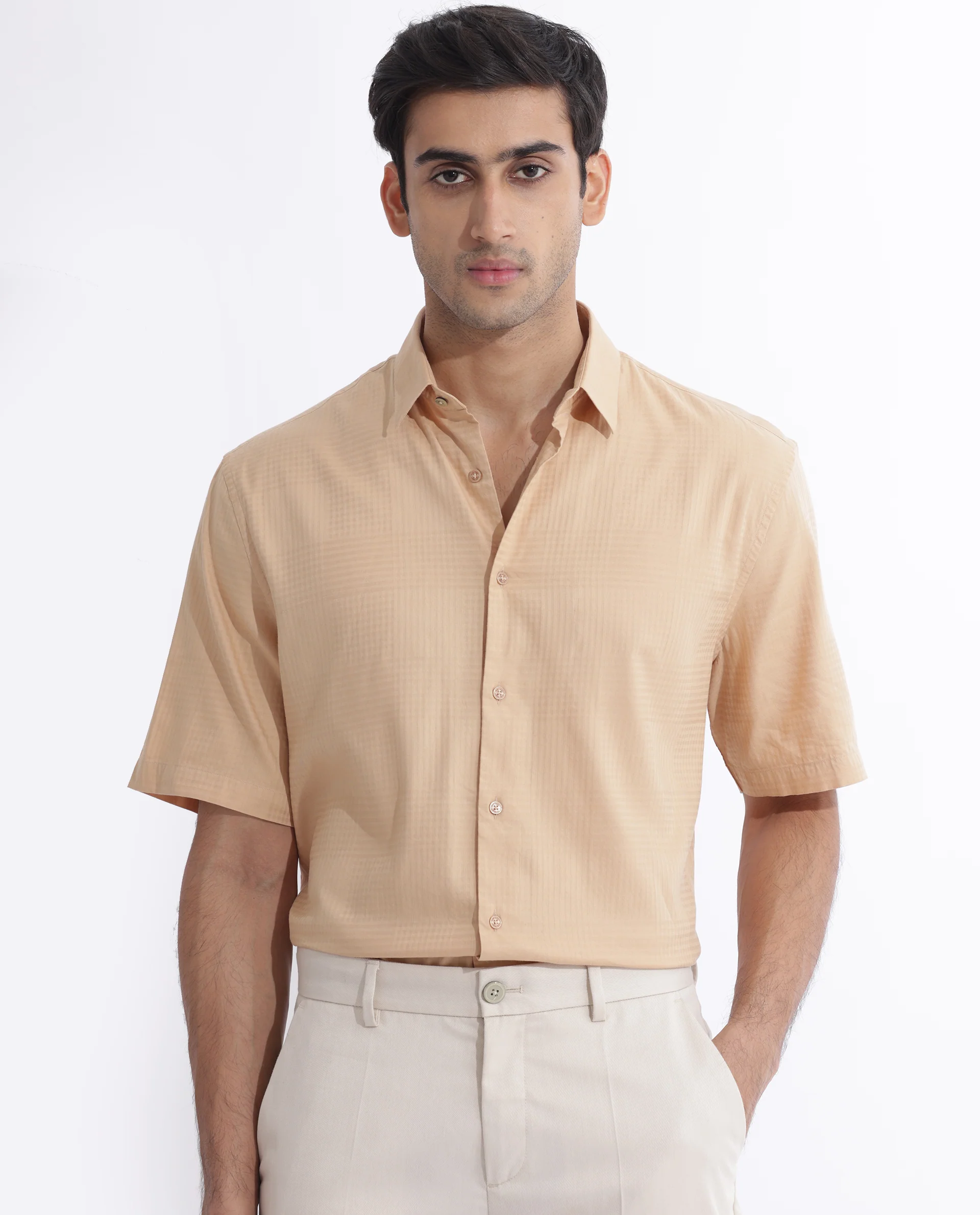 Rare Rabbit Men's Pied Beige Cotton Checked Print Regular Fit Half Sleeve Collared Shirt - Image 6