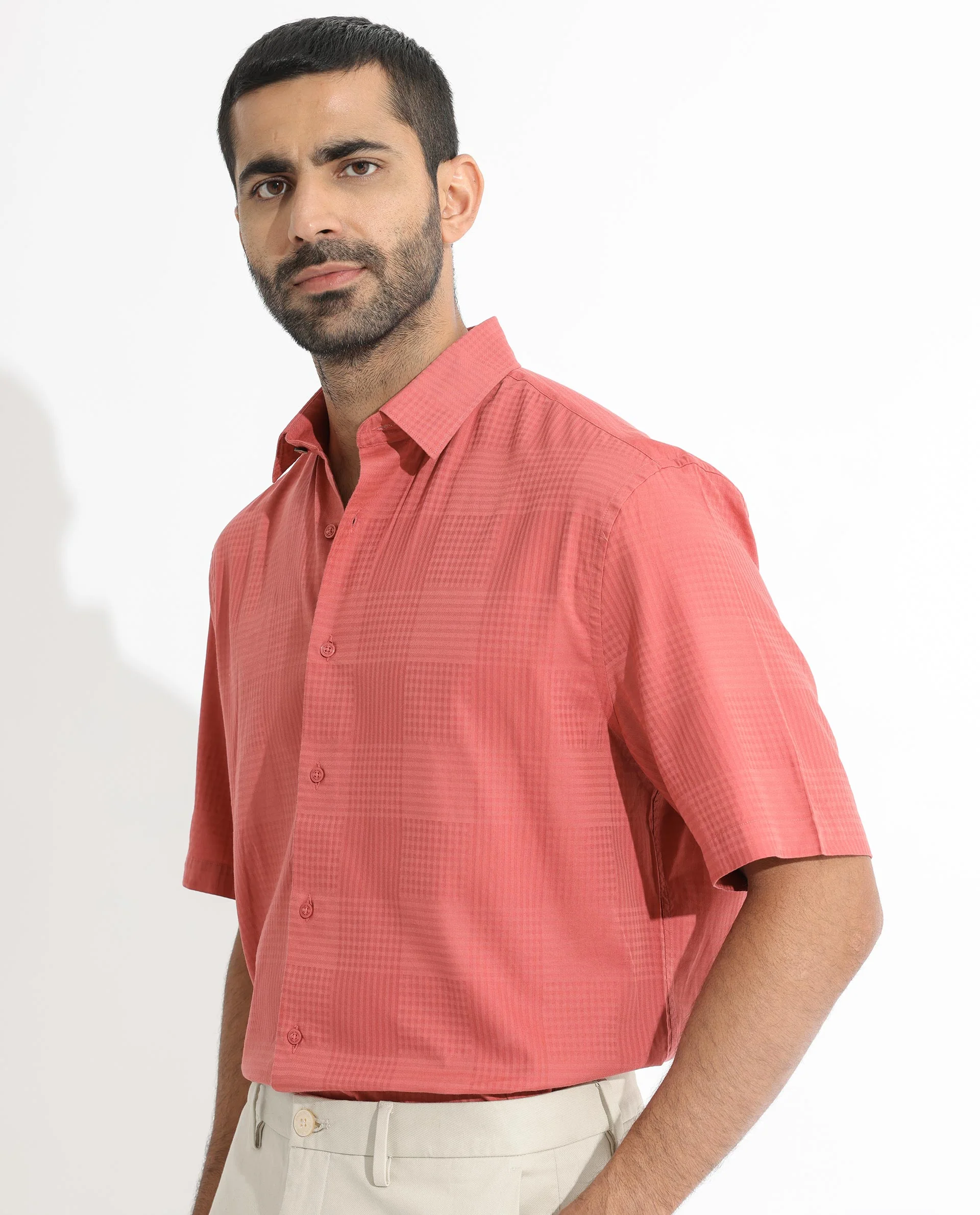 Rare Rabbit Men's Pied Rust Cotton Checked Print Regular Fit Half Sleeve Collared Shirt - Image 3