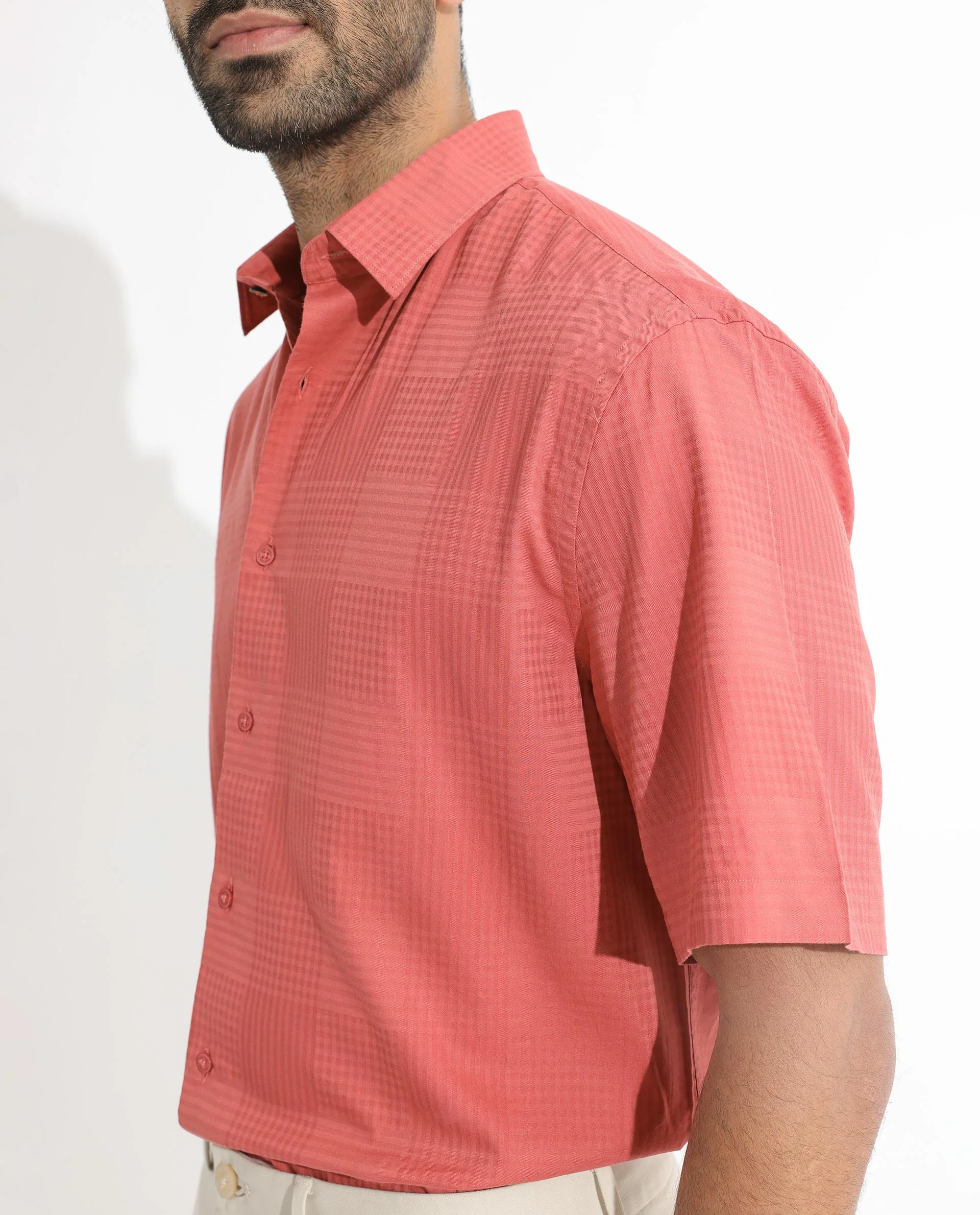 Rare Rabbit Men's Pied Rust Cotton Checked Print Regular Fit Half Sleeve Collared Shirt - Image 4