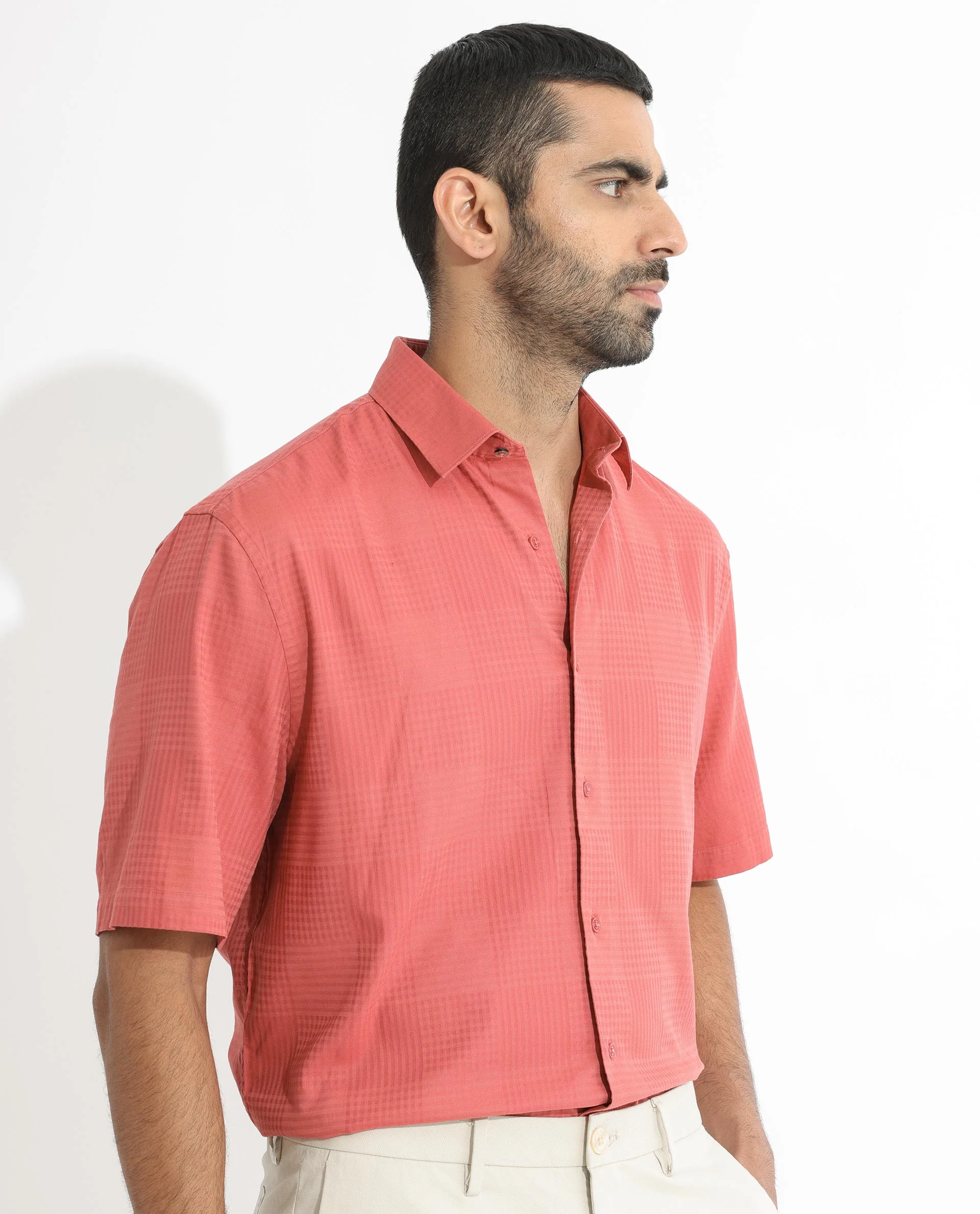 Rare Rabbit Men's Pied Rust Cotton Checked Print Regular Fit Half Sleeve Collared Shirt - Image 6