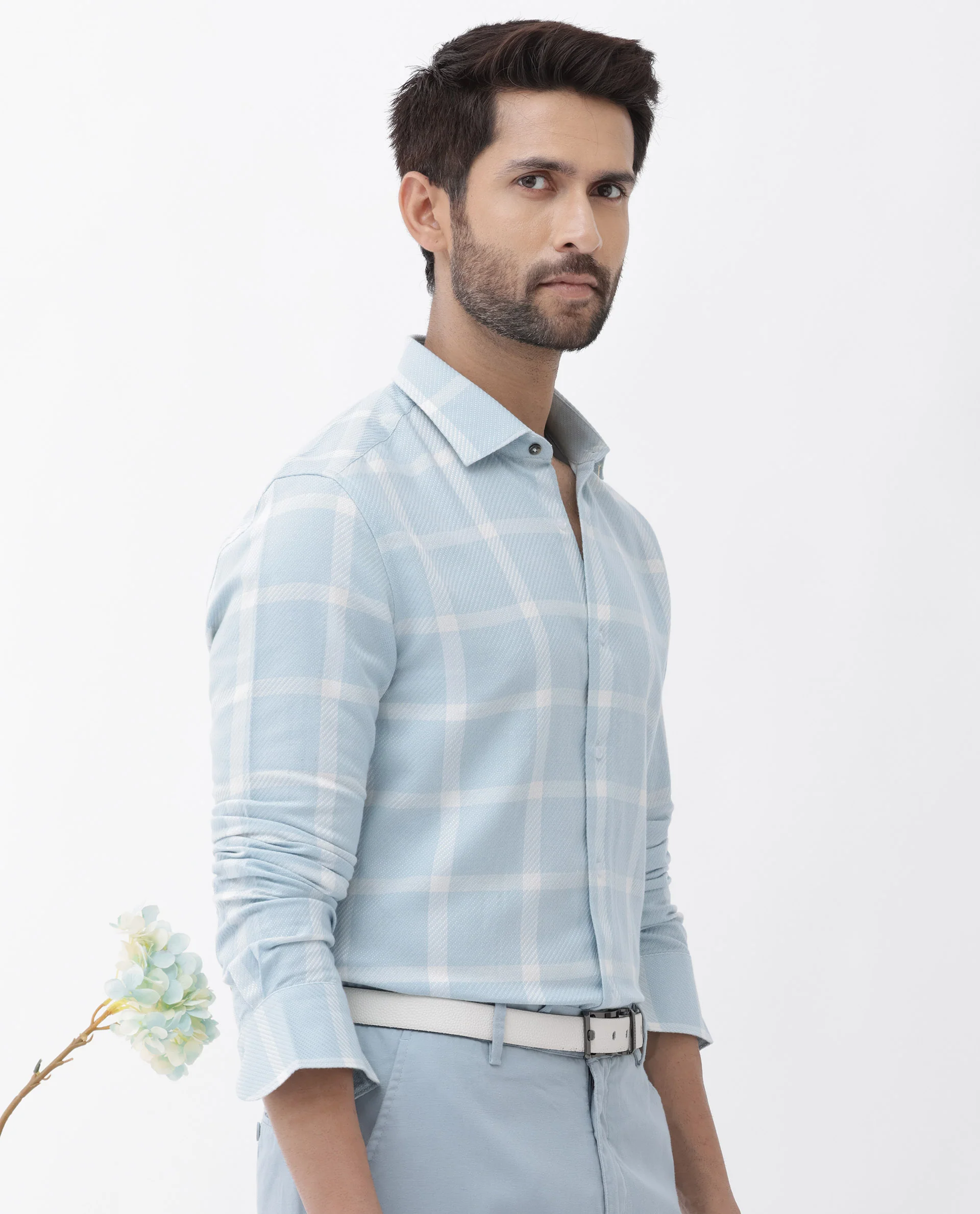 Rare Rabbit Men's Pierce Light Blue Cotton Blend Checked Print Regular Fit Full Sleeve Collared Shirt - Image 10