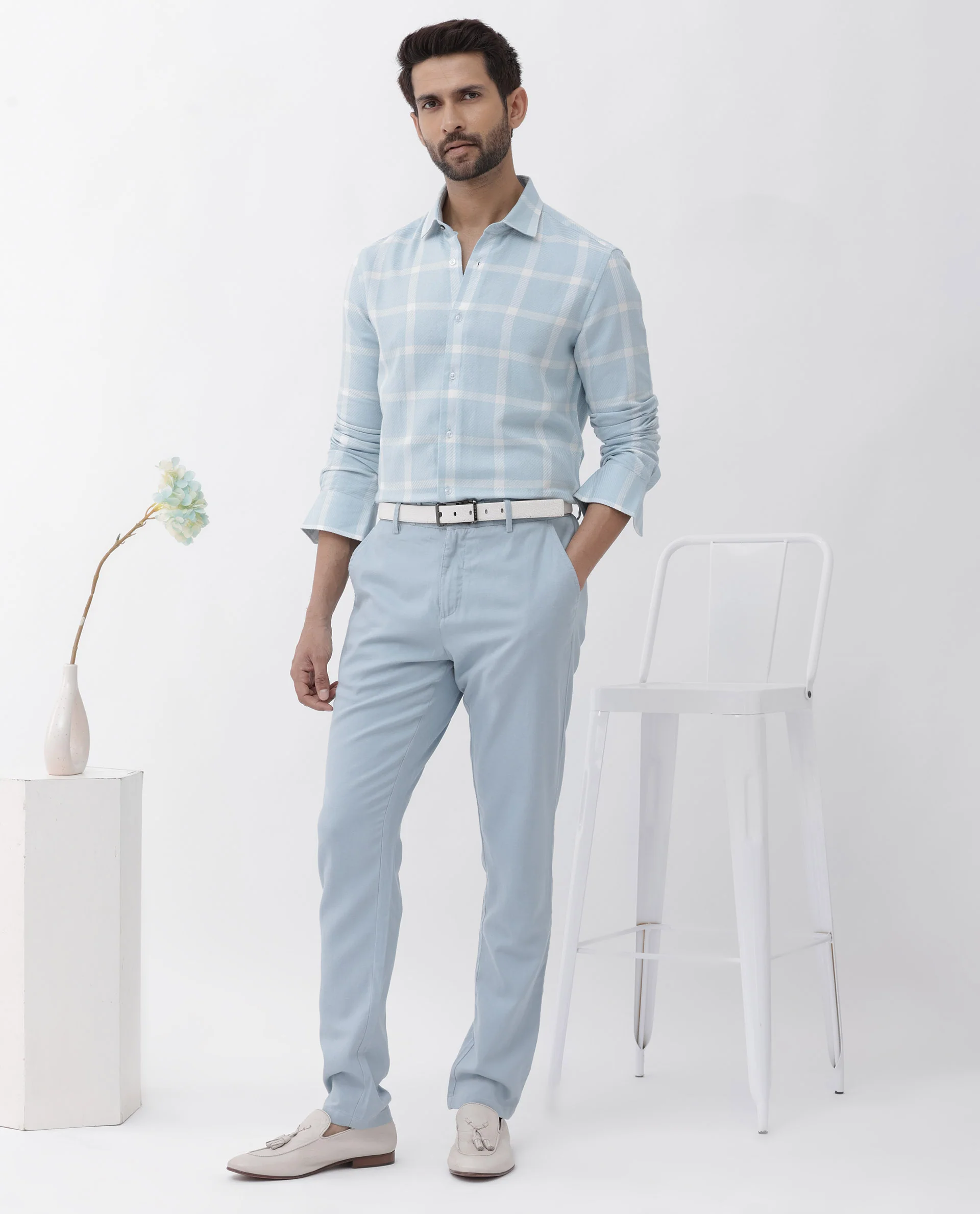 Rare Rabbit Men's Pierce Light Blue Cotton Blend Checked Print Regular Fit Full Sleeve Collared Shirt - Image 2