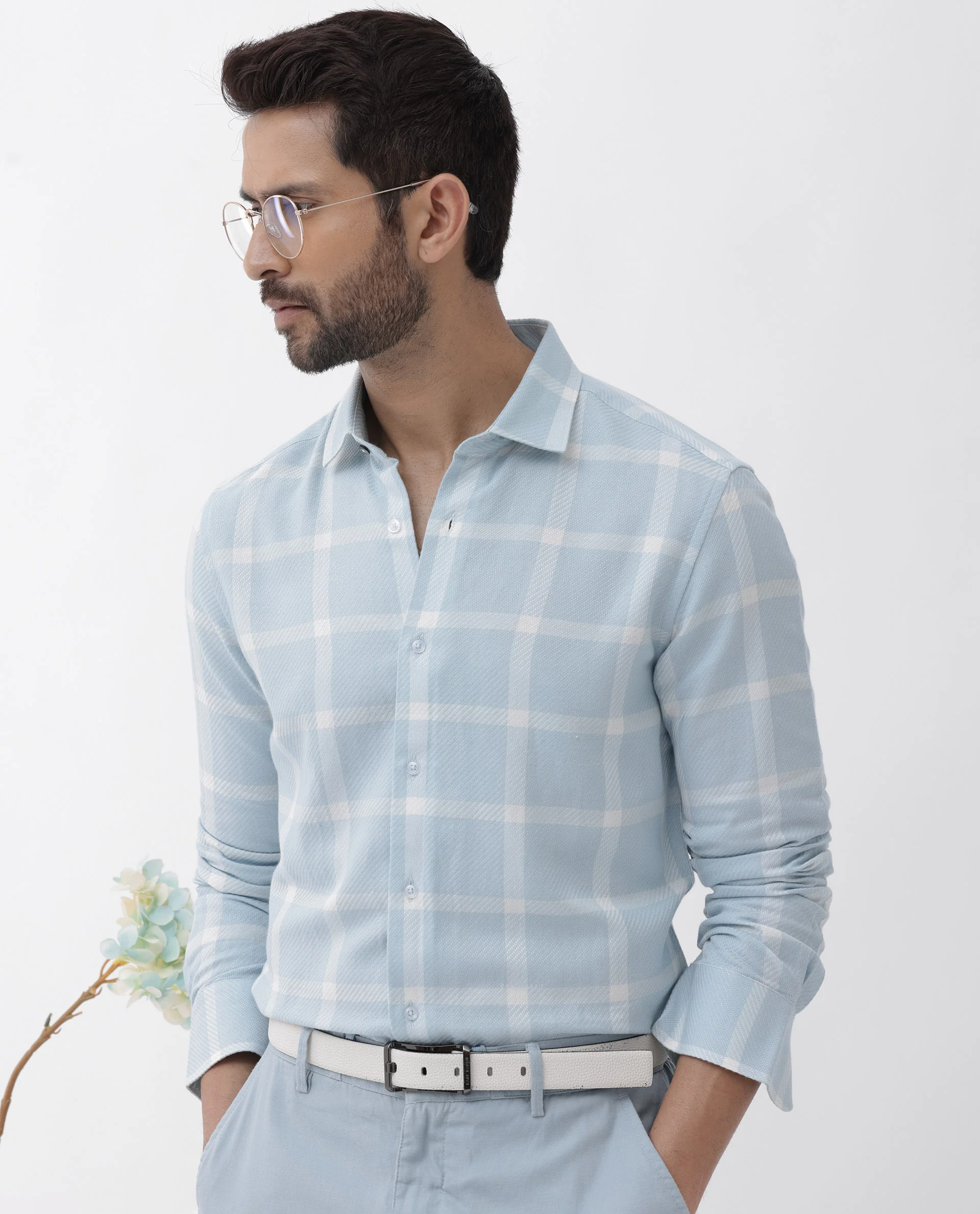 Rare Rabbit Men's Pierce Light Blue Cotton Blend Checked Print Regular Fit Full Sleeve Collared Shirt - Image 3
