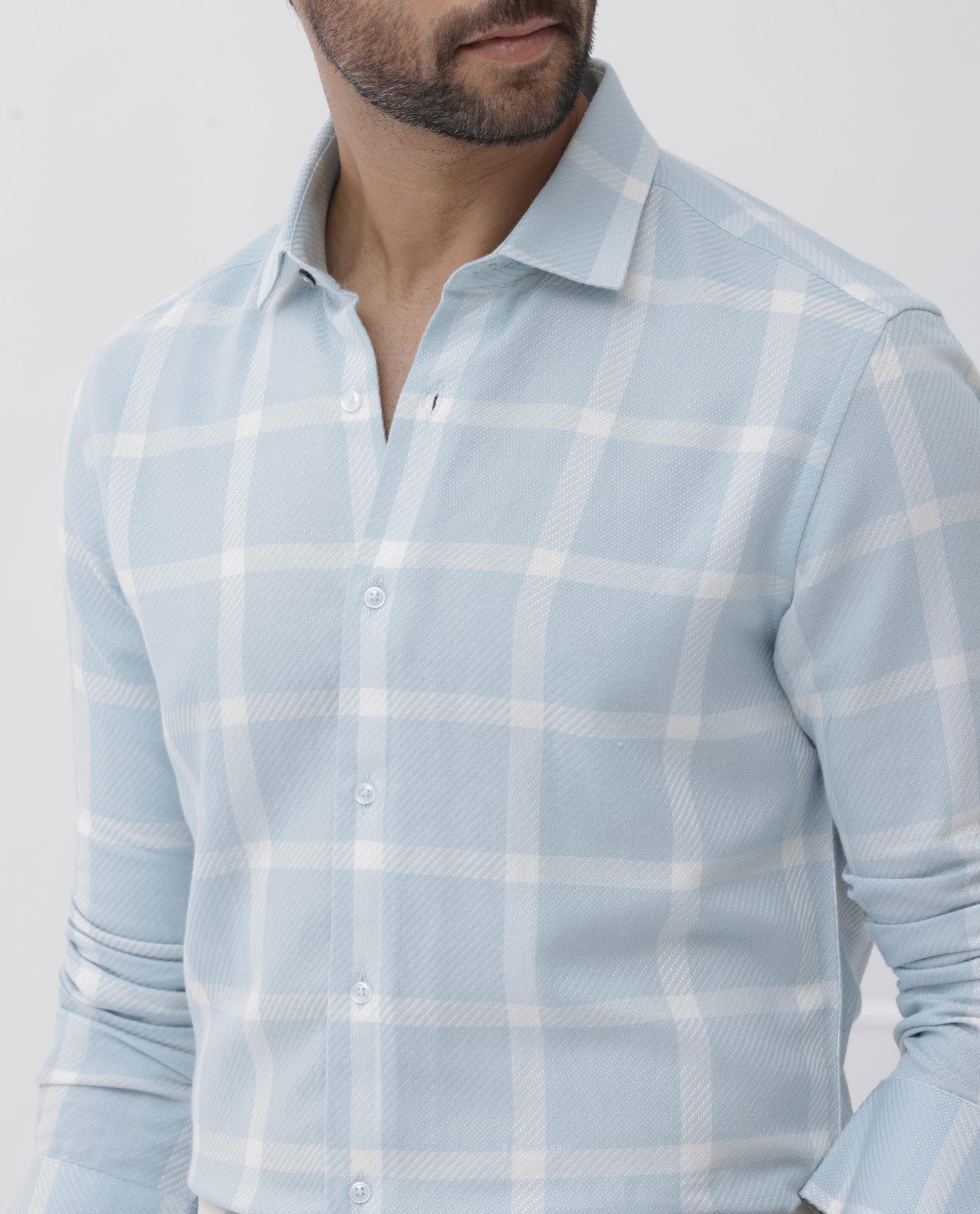 Rare Rabbit Men's Pierce Light Blue Cotton Blend Checked Print Regular Fit Full Sleeve Collared Shirt - Image 4