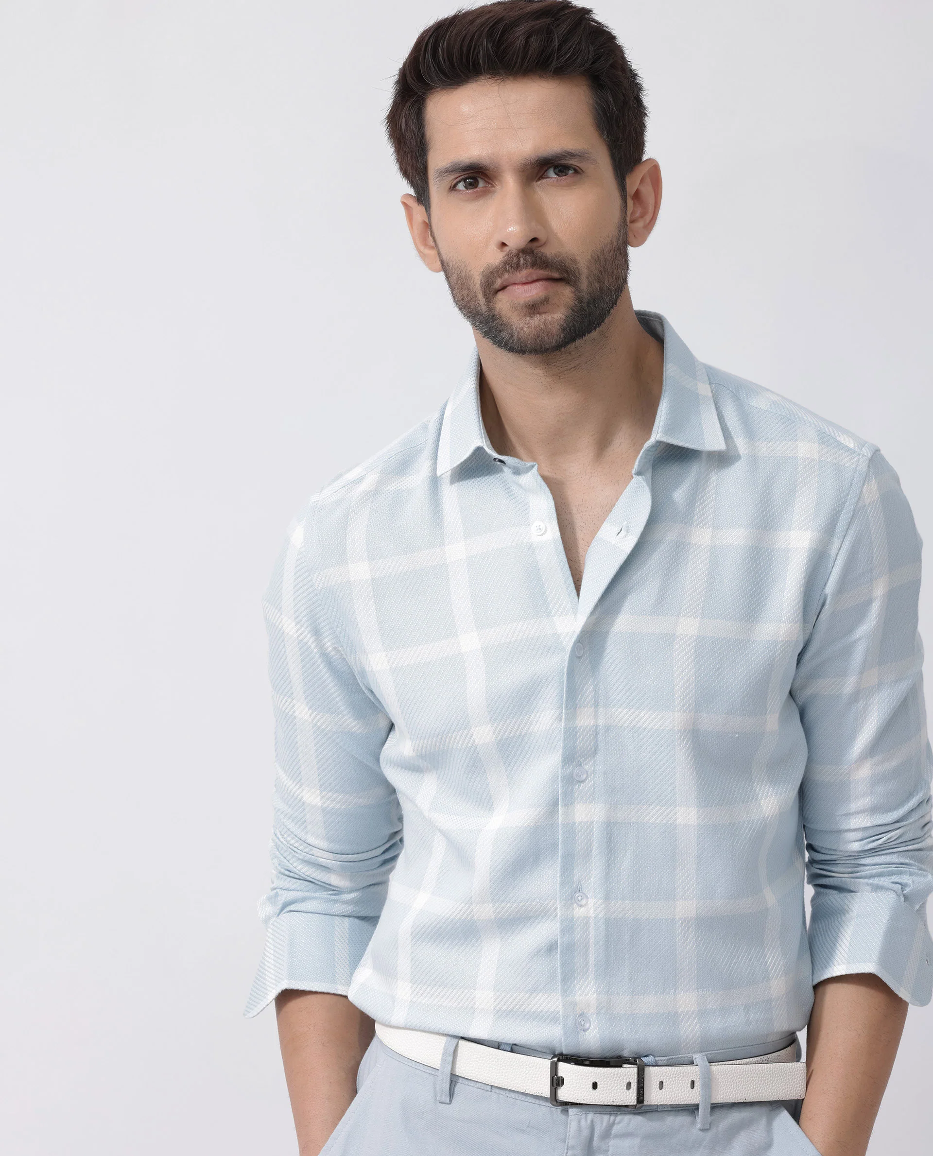 Rare Rabbit Men's Pierce Light Blue Cotton Blend Checked Print Regular Fit Full Sleeve Collared Shirt - Image 6