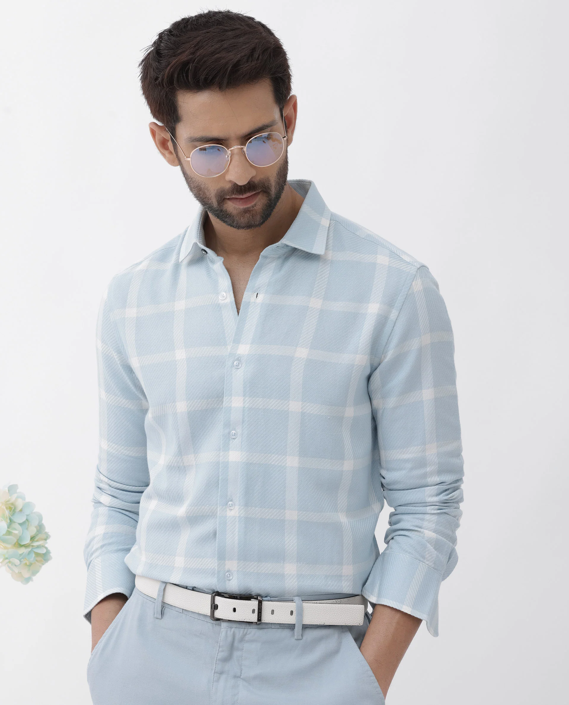 Rare Rabbit Men's Pierce Light Blue Cotton Blend Checked Print Regular Fit Full Sleeve Collared Shirt - Image 7