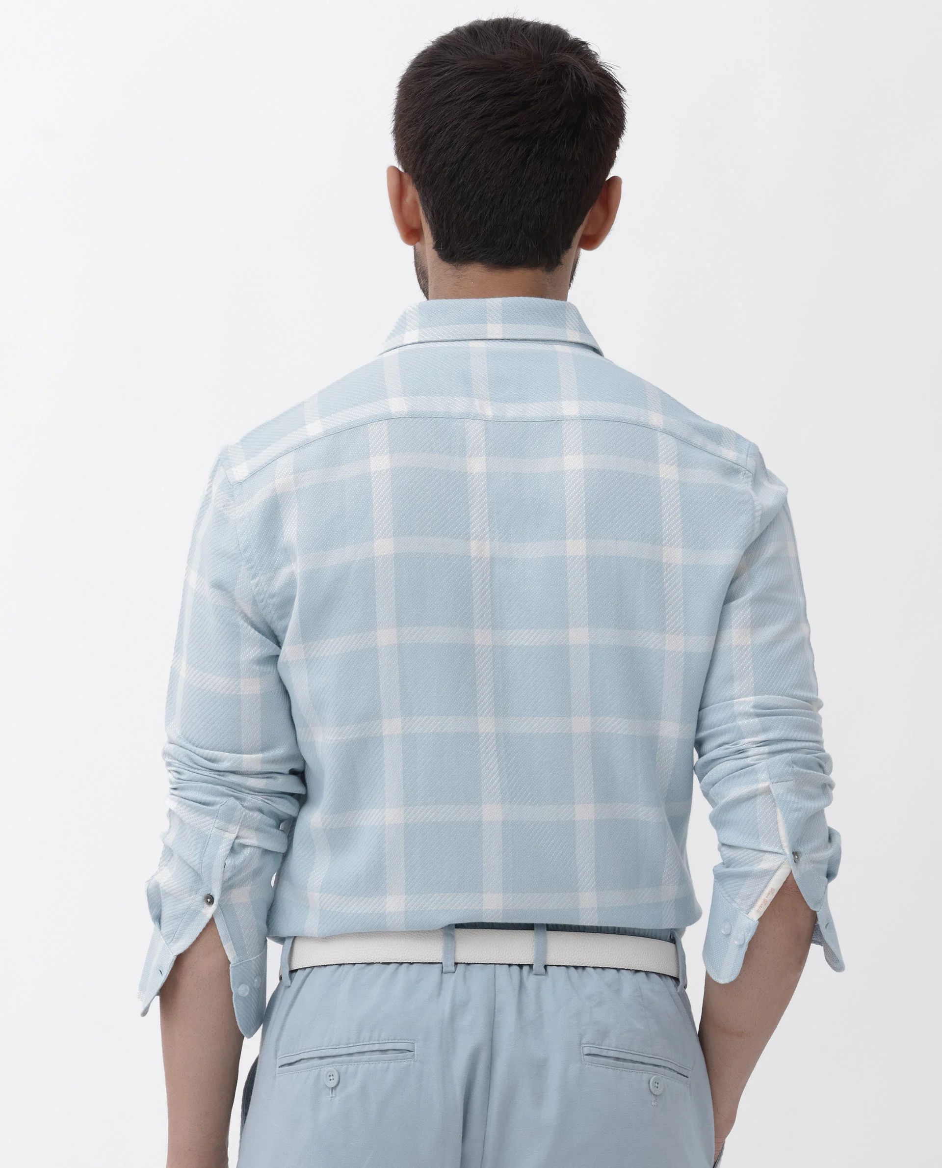 Rare Rabbit Men's Pierce Light Blue Cotton Blend Checked Print Regular Fit Full Sleeve Collared Shirt - Image 8