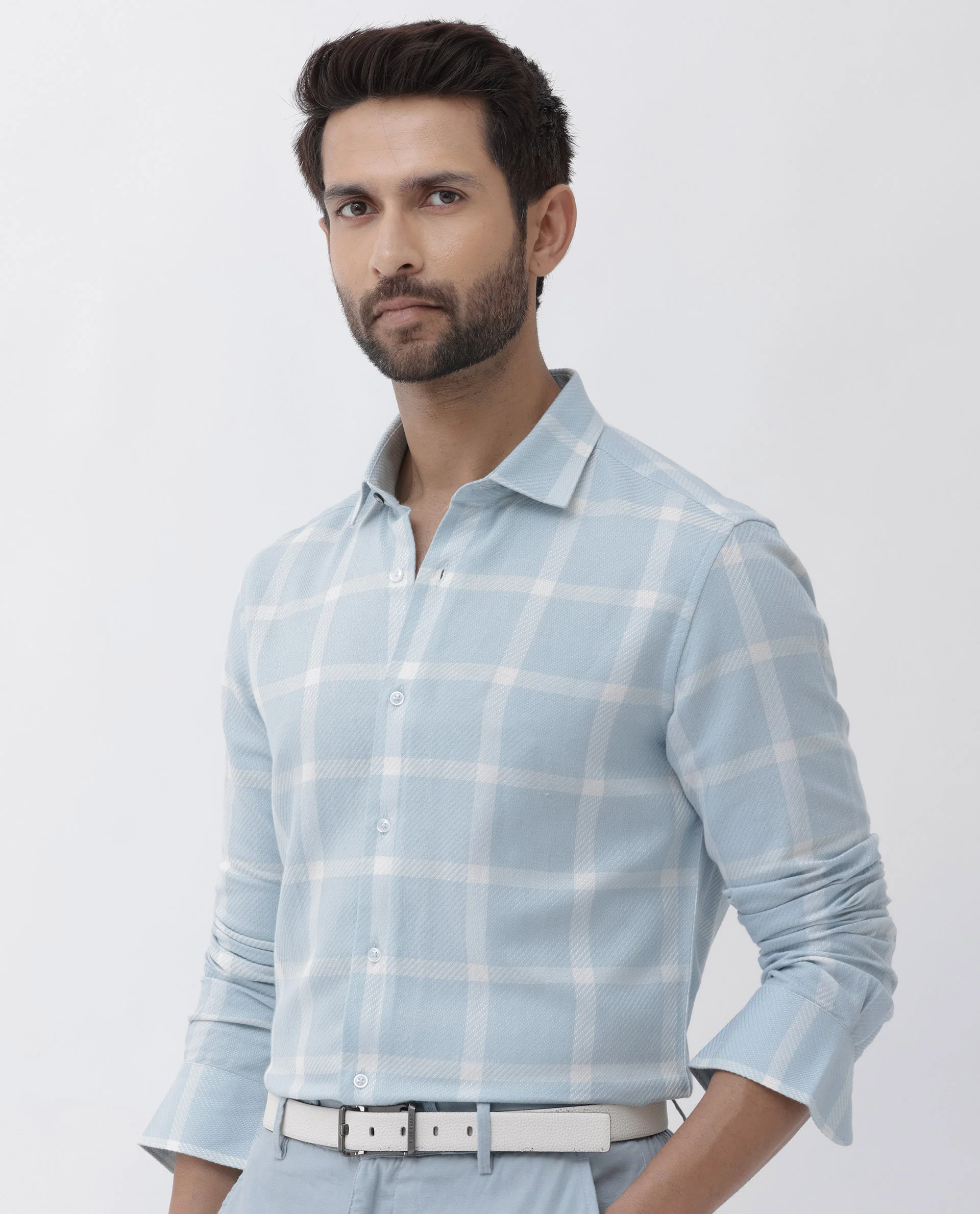Rare Rabbit Men's Pierce Light Blue Cotton Blend Checked Print Regular Fit Full Sleeve Collared Shirt - Image 9