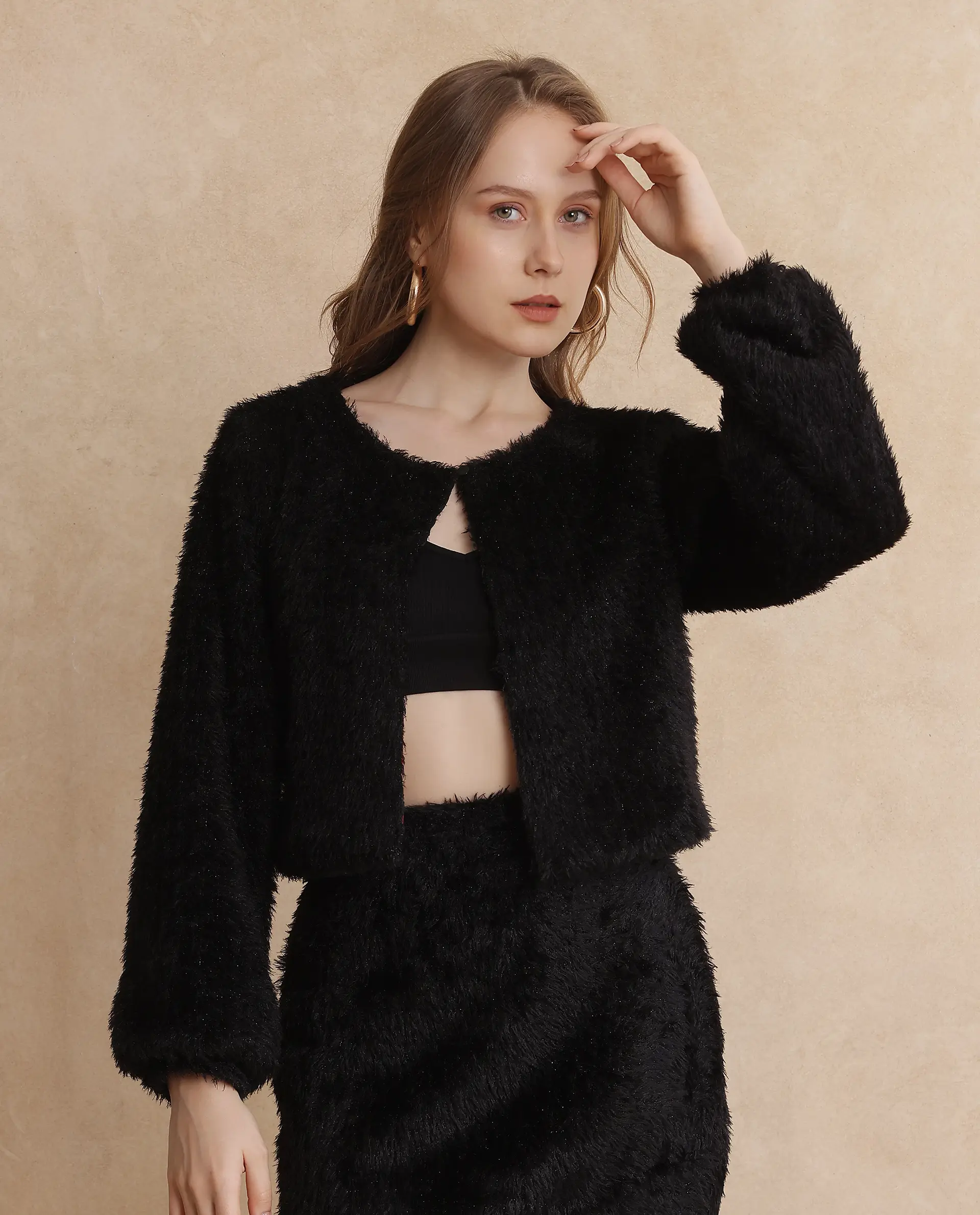 Rareism Women's Pilxar Black Acrylic Crew Neck Dyed Crop Regular Fit Jacket - Image 3