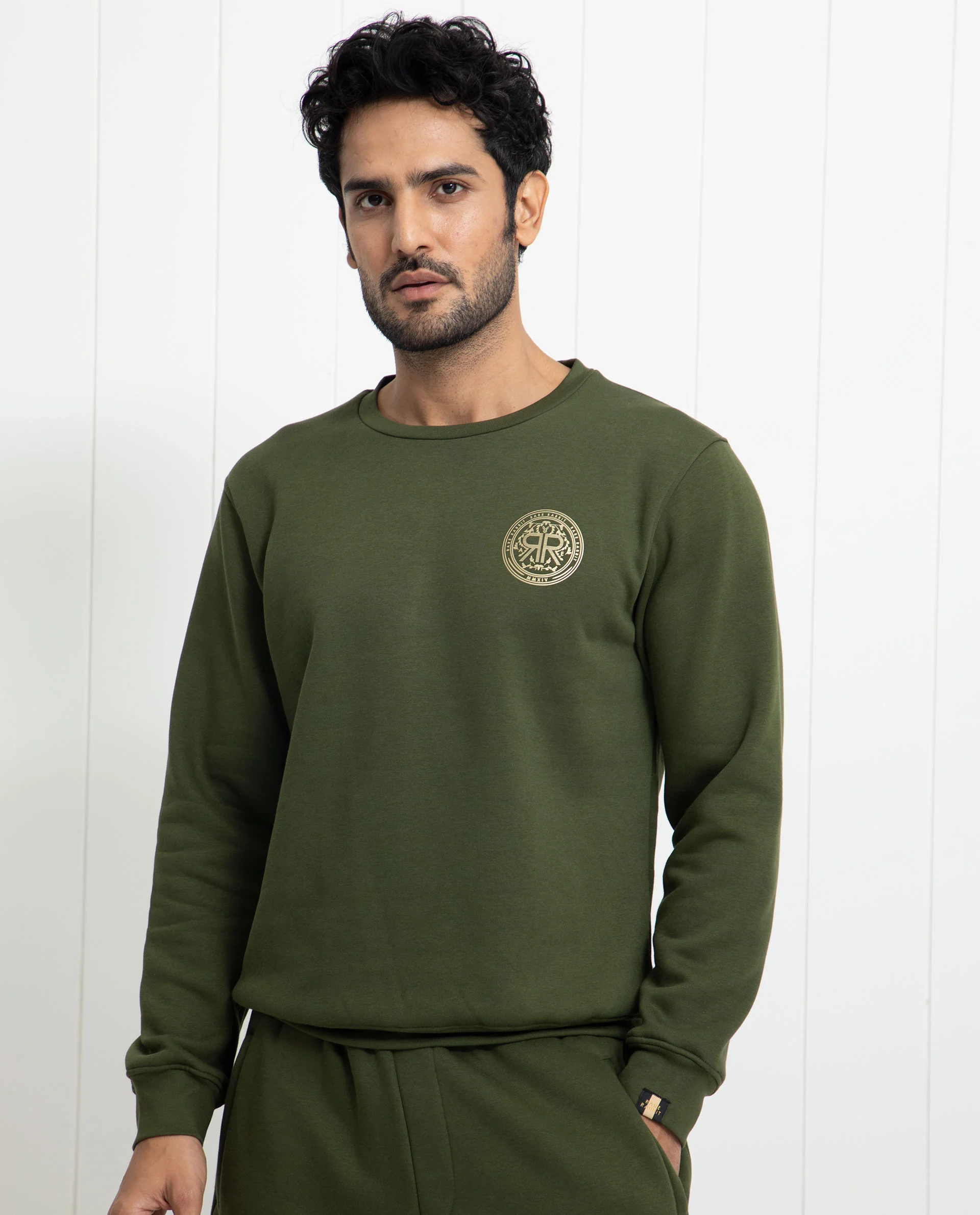 Rare Rabbit Men's Pine Olive Cotton Graphic Print Regular Fit Full Sleeve Crew Neck Sweatshirt