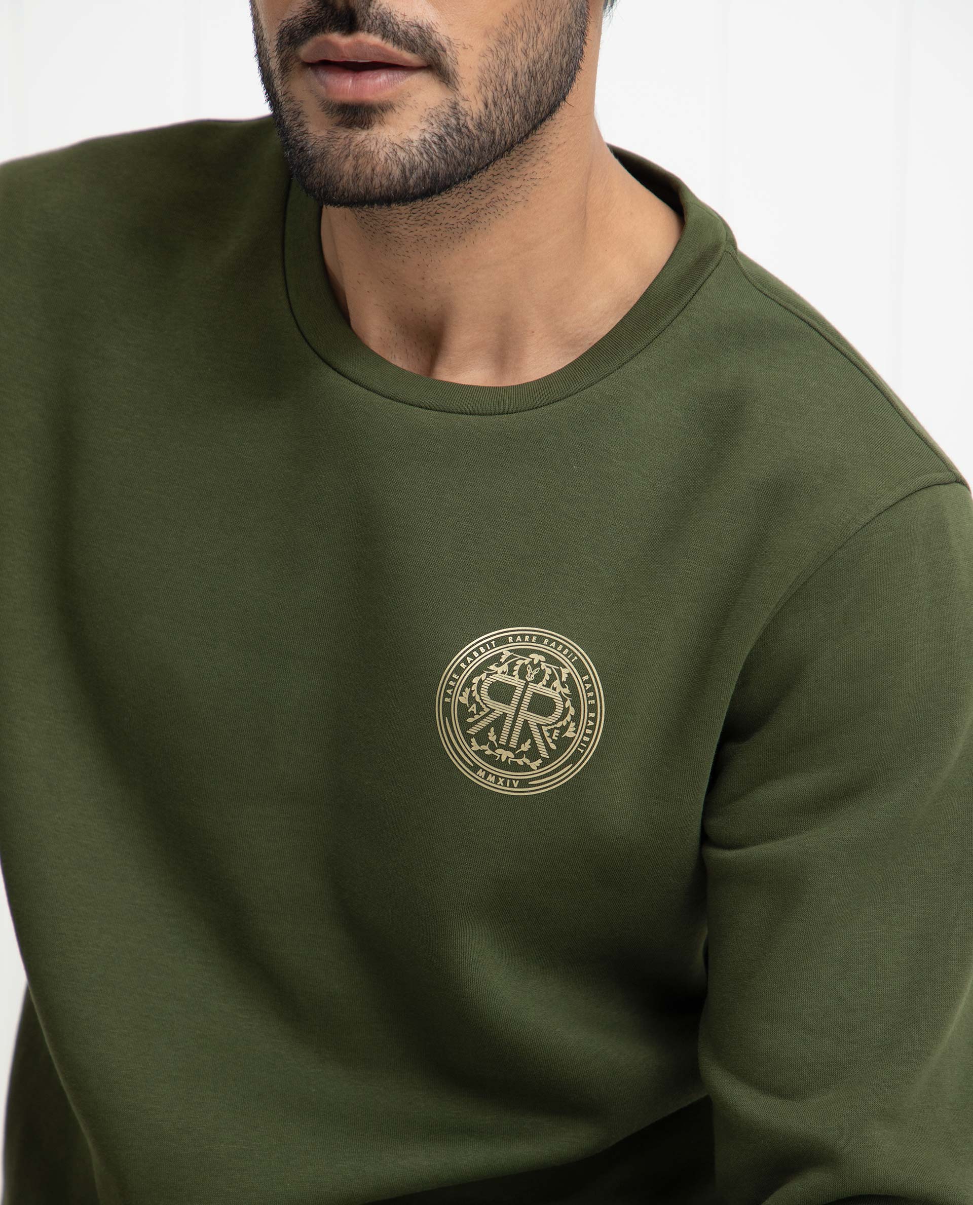 Rare Rabbit Men's Pine Olive Cotton Graphic Print Regular Fit Full Sleeve Crew Neck Sweatshirt - Image 2
