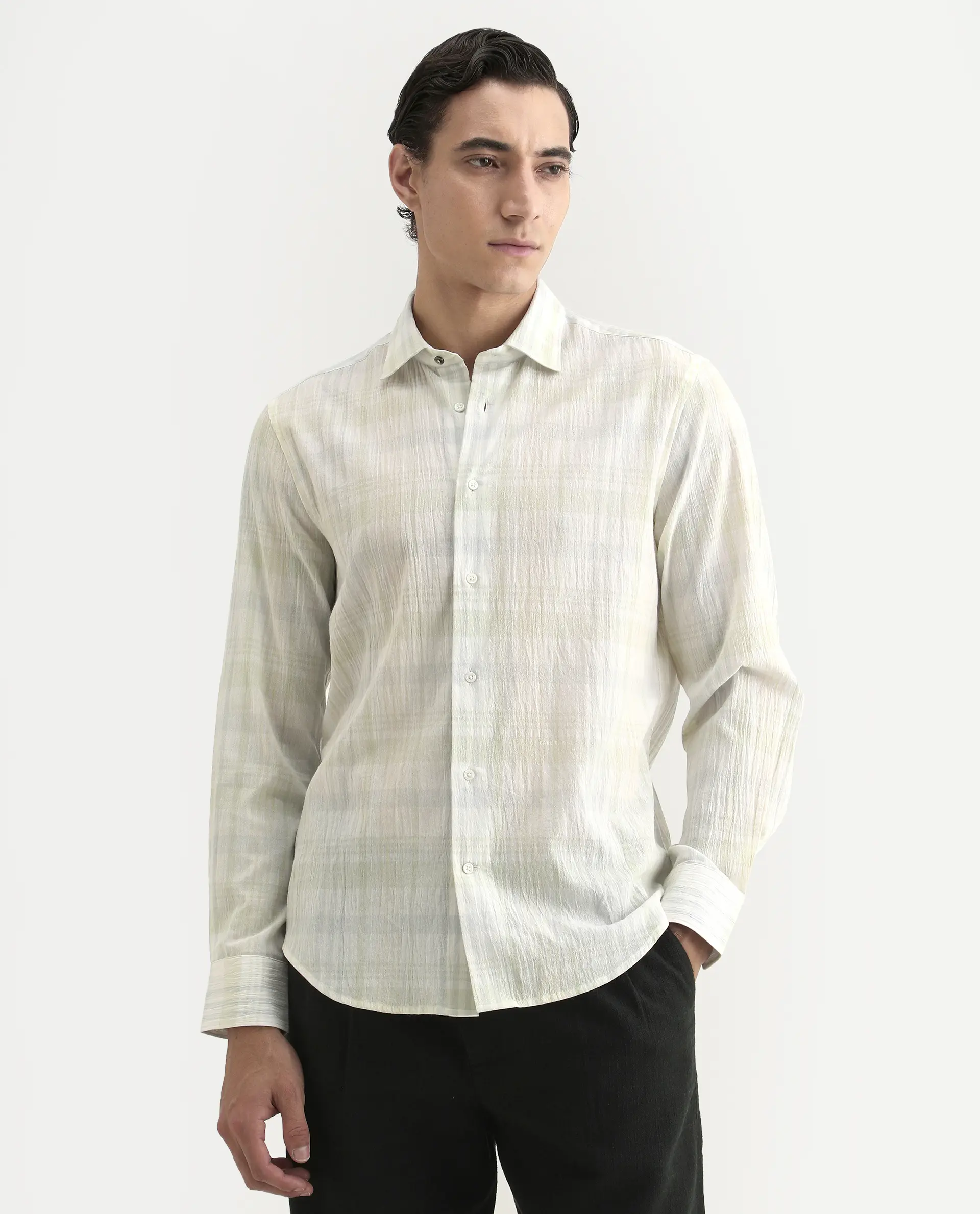 Rare Rabbit Men's Pinge-26 Pastel Green Cotton Fabric Full Sleeve Spread Collar Regular Fit Checked Shirt - Image 4