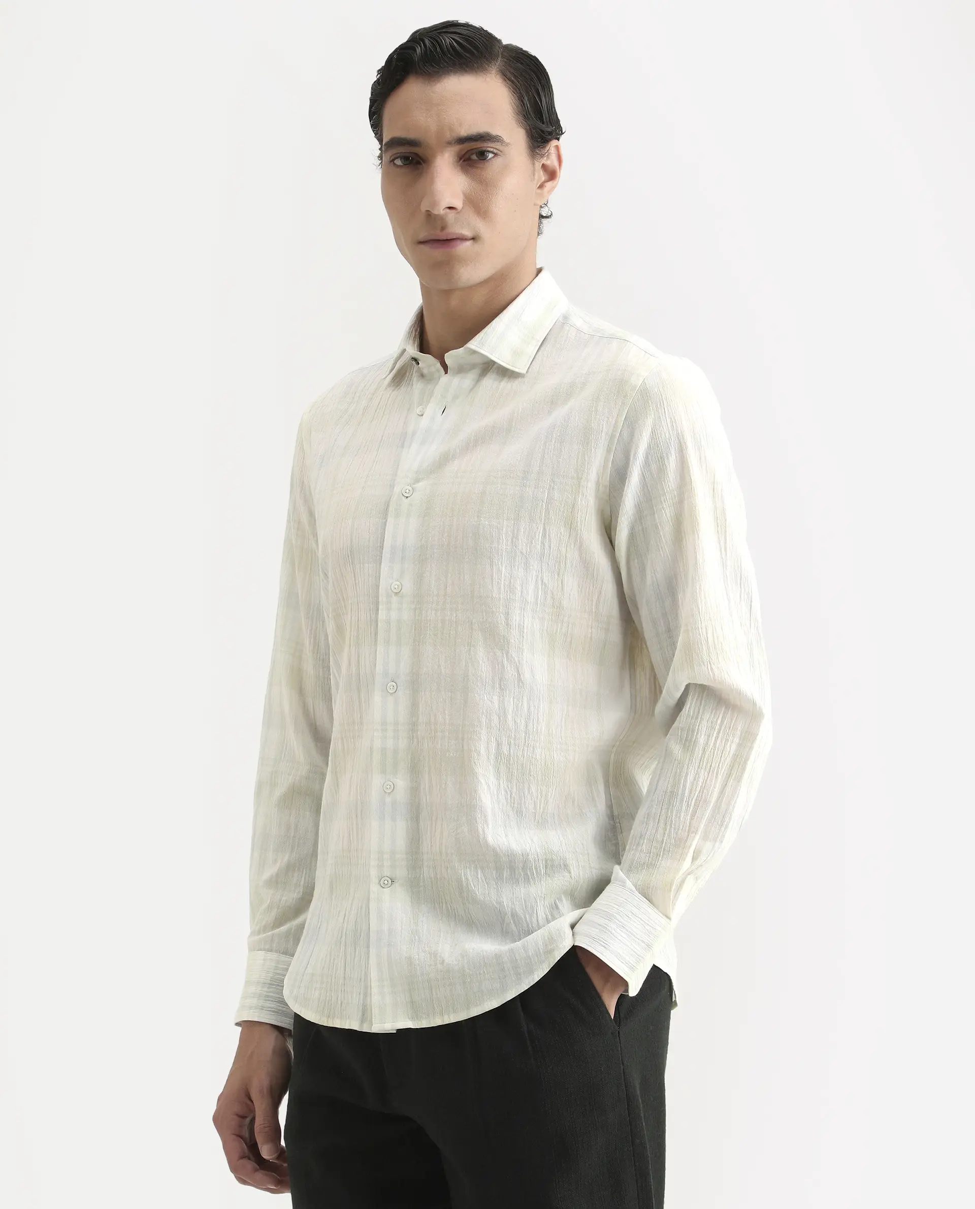 Rare Rabbit Men's Pinge-26 Pastel Green Cotton Fabric Full Sleeve Spread Collar Regular Fit Checked Shirt - Image 5