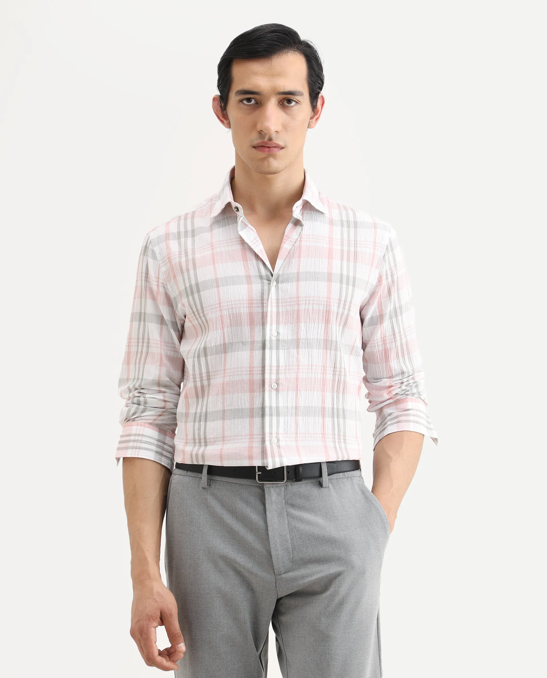 Rare Rabbit Men's Pinge-26 Pastel Pink Cotton Fabric Full Sleeve Spread Collar Regular Fit Checked Shirt - Image 3