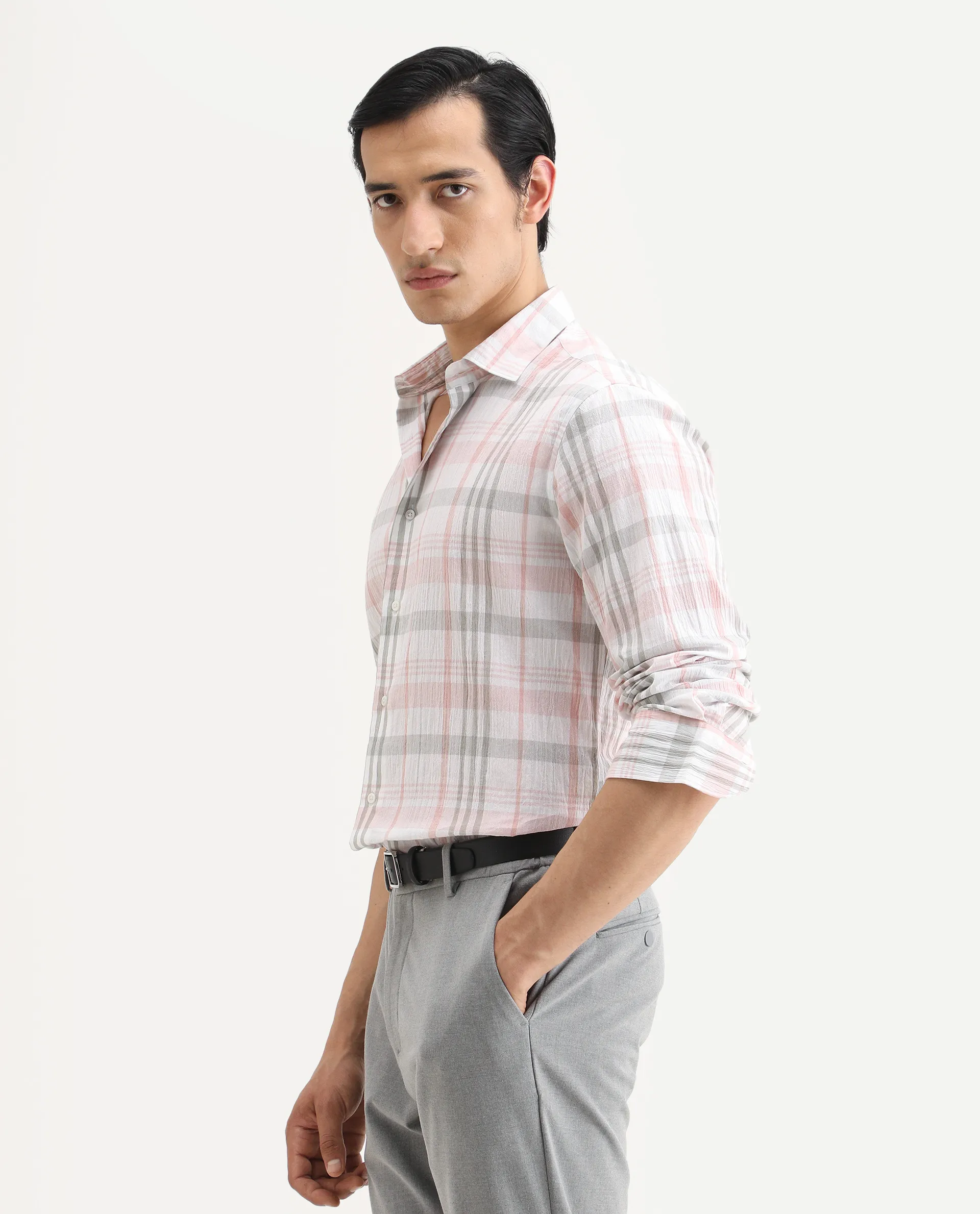 Rare Rabbit Men's Pinge-26 Pastel Pink Cotton Fabric Full Sleeve Spread Collar Regular Fit Checked Shirt - Image 5