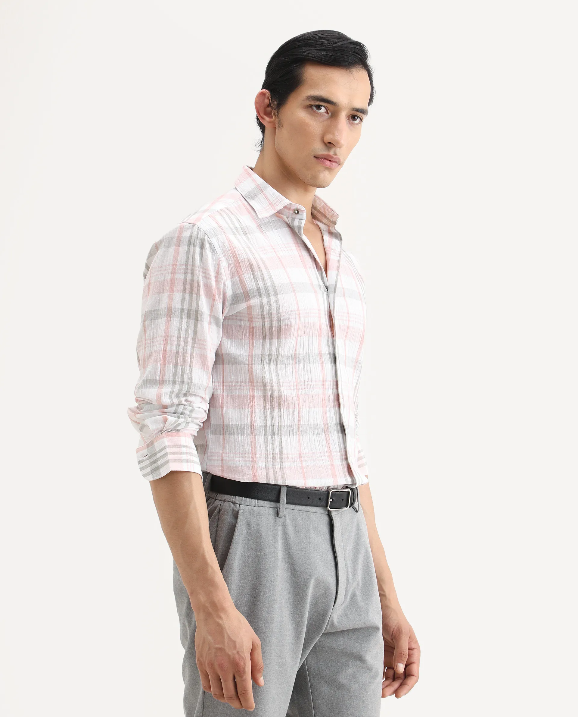 Rare Rabbit Men's Pinge-26 Pastel Pink Cotton Fabric Full Sleeve Spread Collar Regular Fit Checked Shirt - Image 6