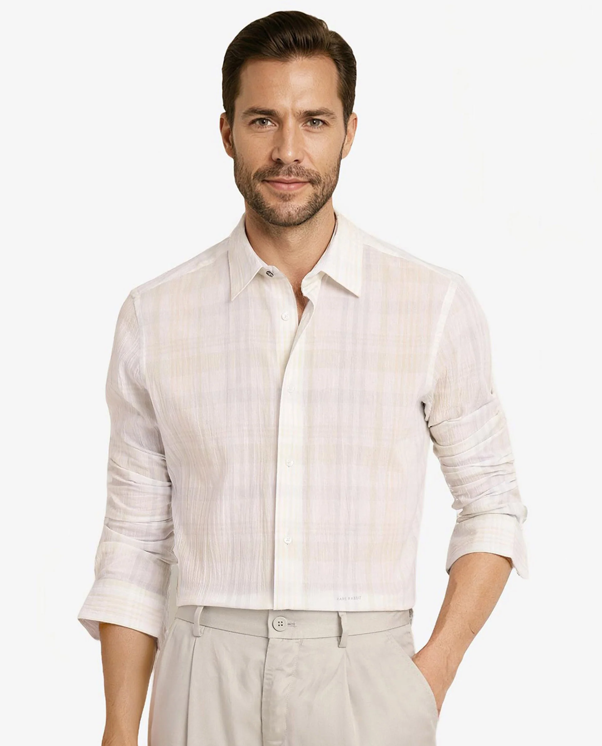 Rare Rabbit Men's Pinge White Cotton Checked Print Regular Fit Full Sleeve Collared Shirt