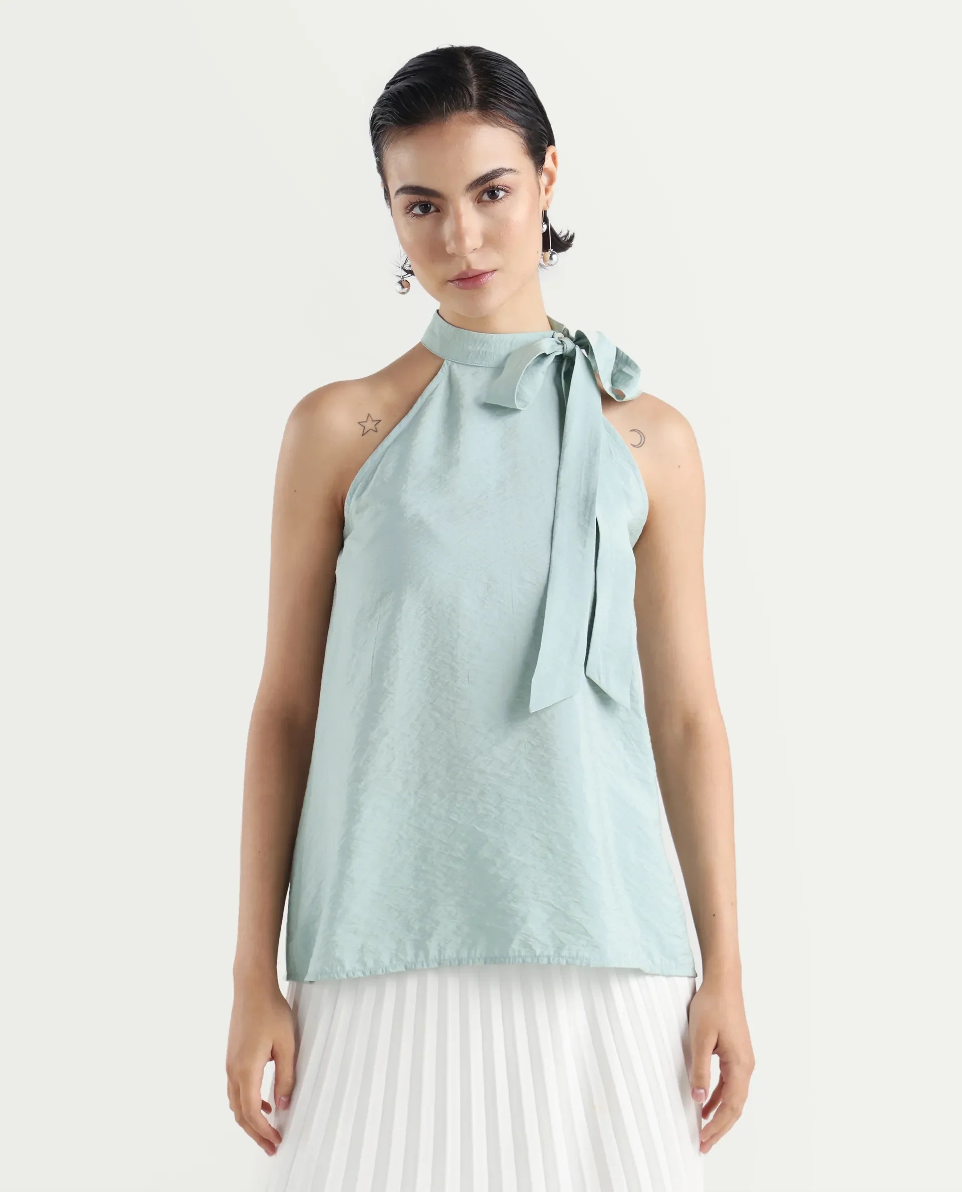 Rareism Women's Pinnacle Green Viscose Blend Halter Neck Plain Sleeveless Regular Fit Top - Image 3