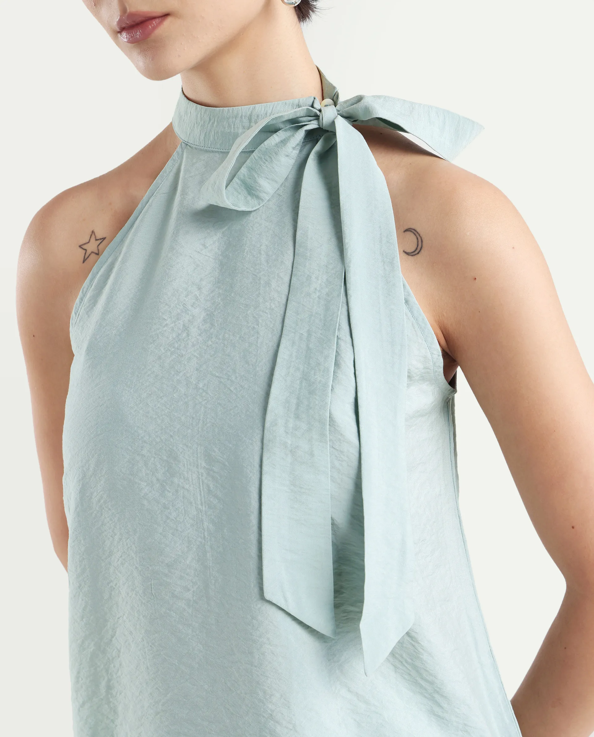 Rareism Women's Pinnacle Green Viscose Blend Halter Neck Plain Sleeveless Regular Fit Top - Image 4