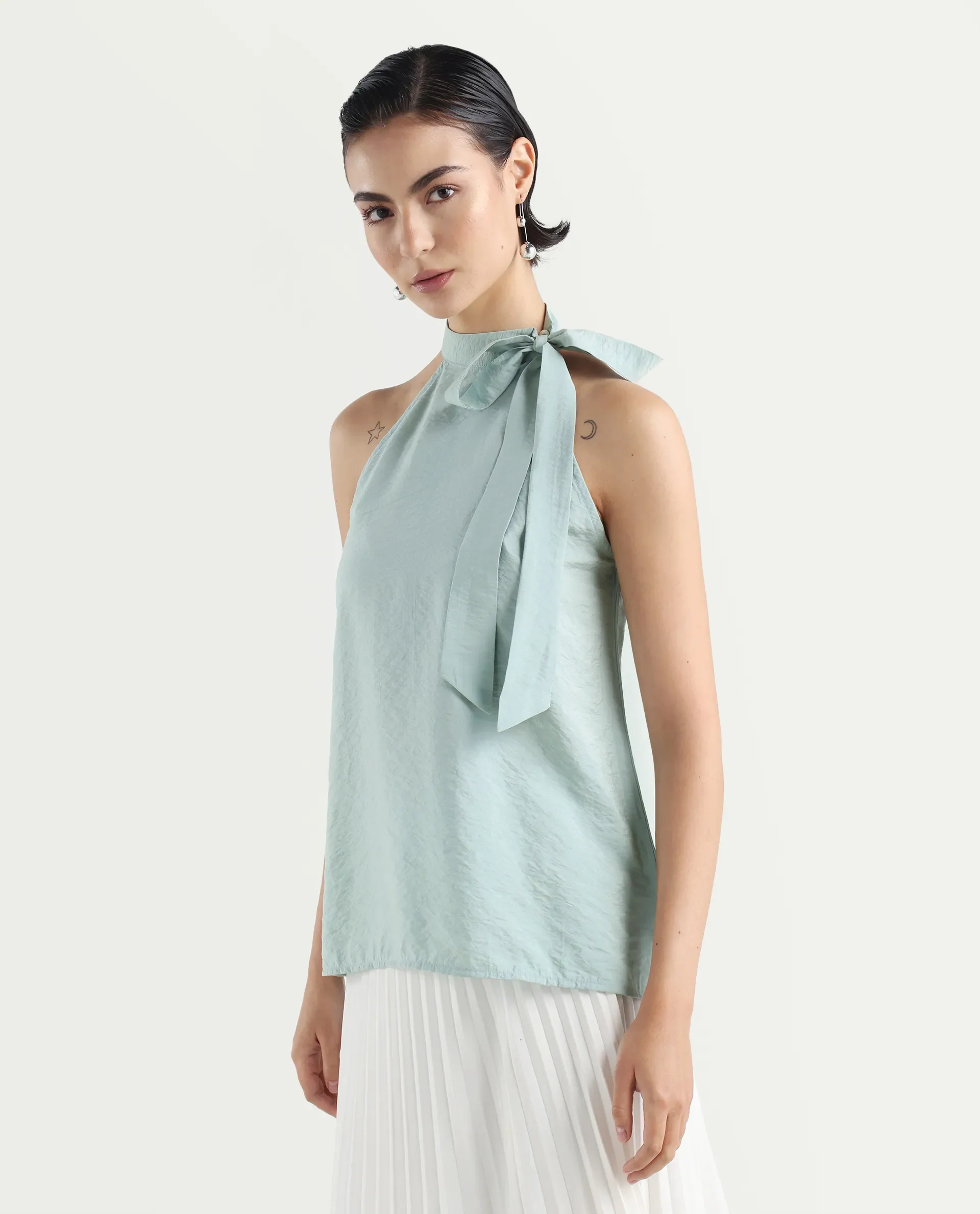 Rareism Women's Pinnacle Green Viscose Blend Halter Neck Plain Sleeveless Regular Fit Top - Image 5