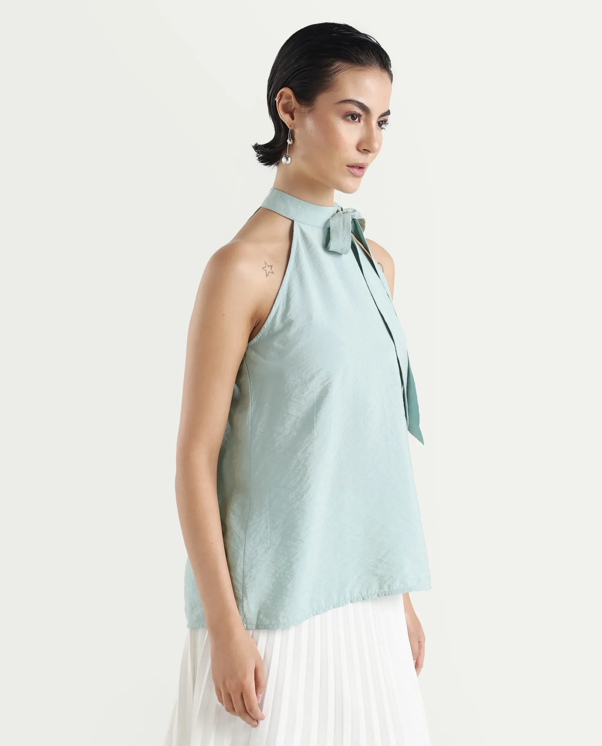 Rareism Women's Pinnacle Green Viscose Blend Halter Neck Plain Sleeveless Regular Fit Top - Image 6