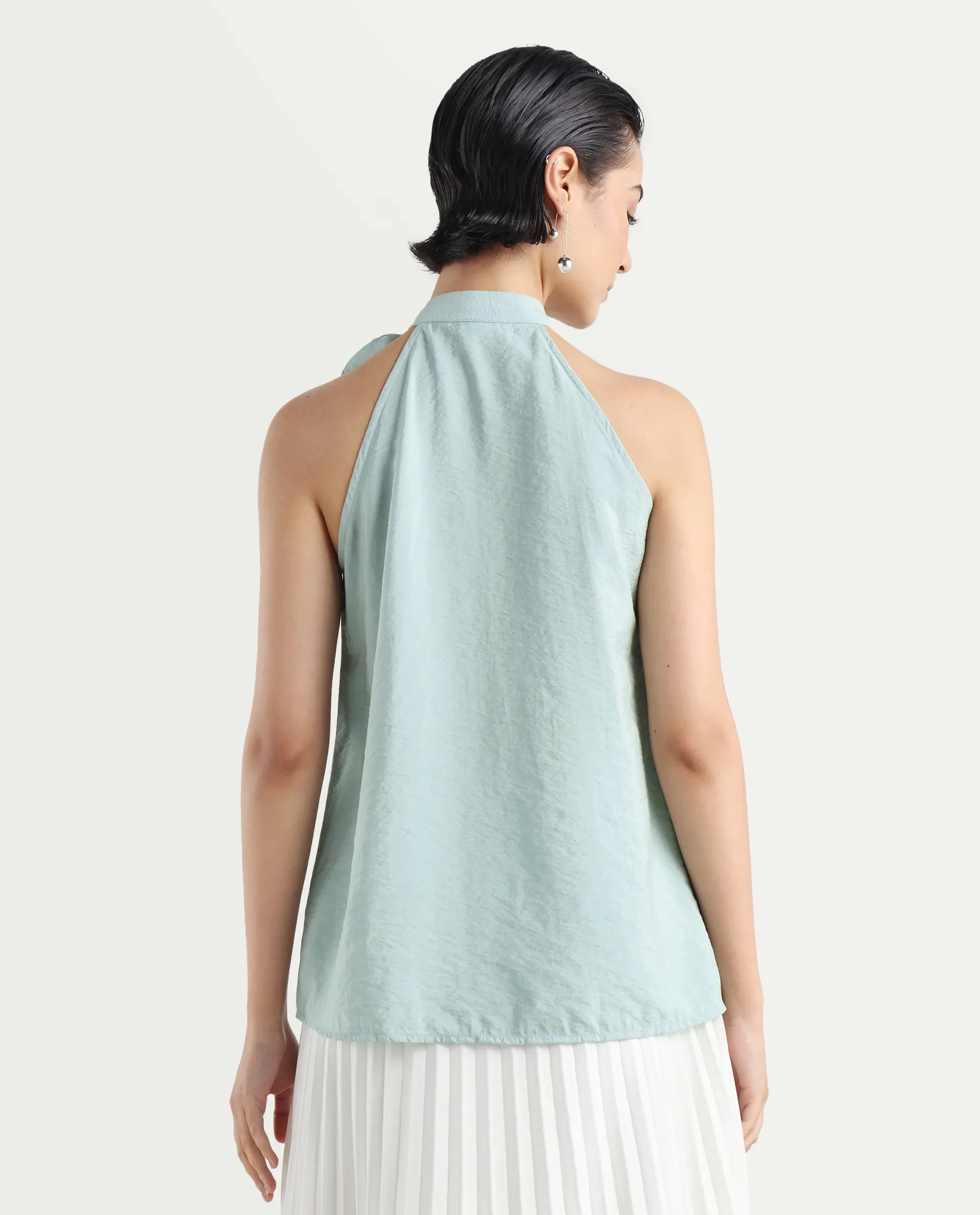 Rareism Women's Pinnacle Green Viscose Blend Halter Neck Plain Sleeveless Regular Fit Top - Image 7