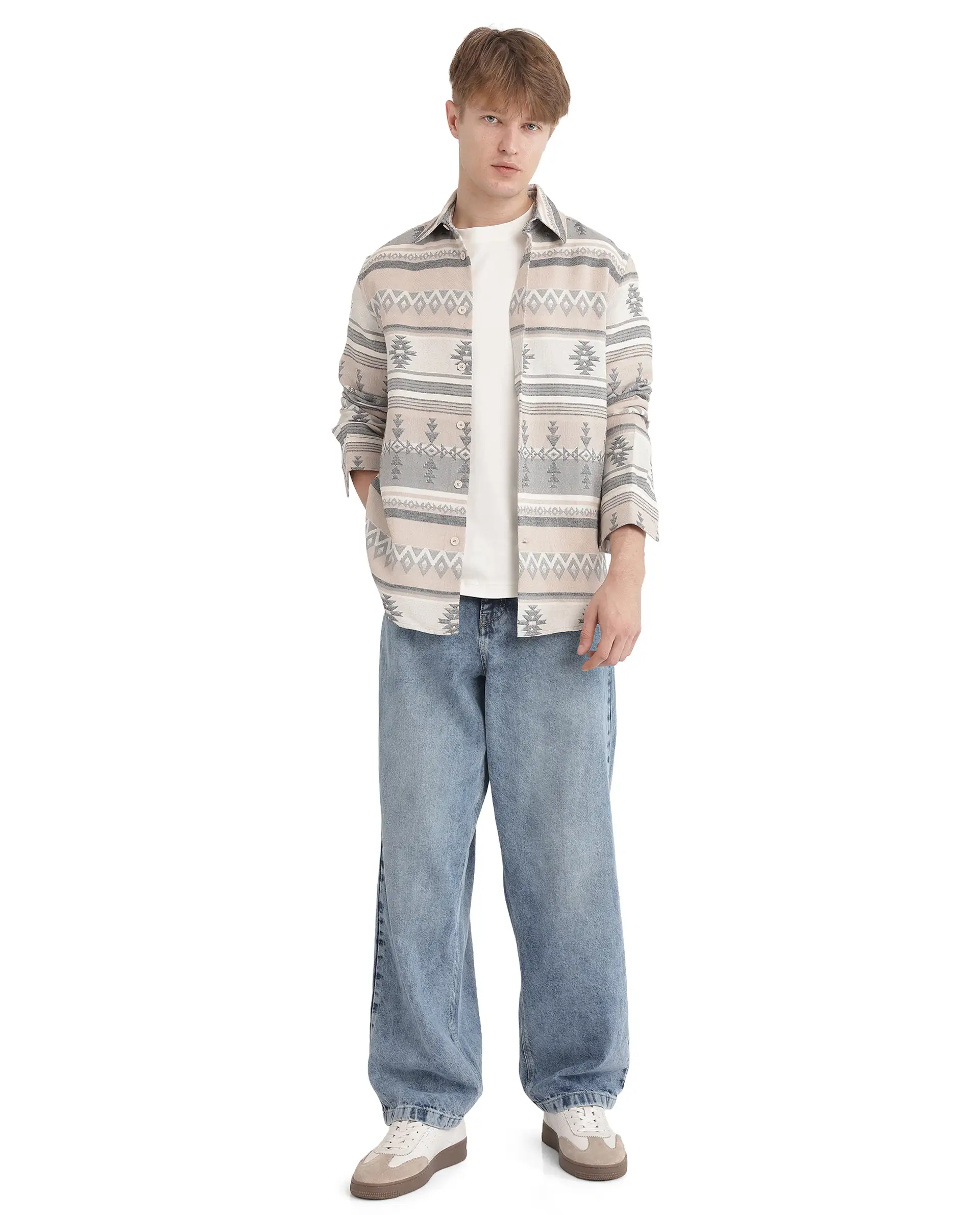 Rare Rabbit Men's Pinter Beige Cotton Jacquard Relaxed Fit Full Sleeve Collared Shirt - Image 2