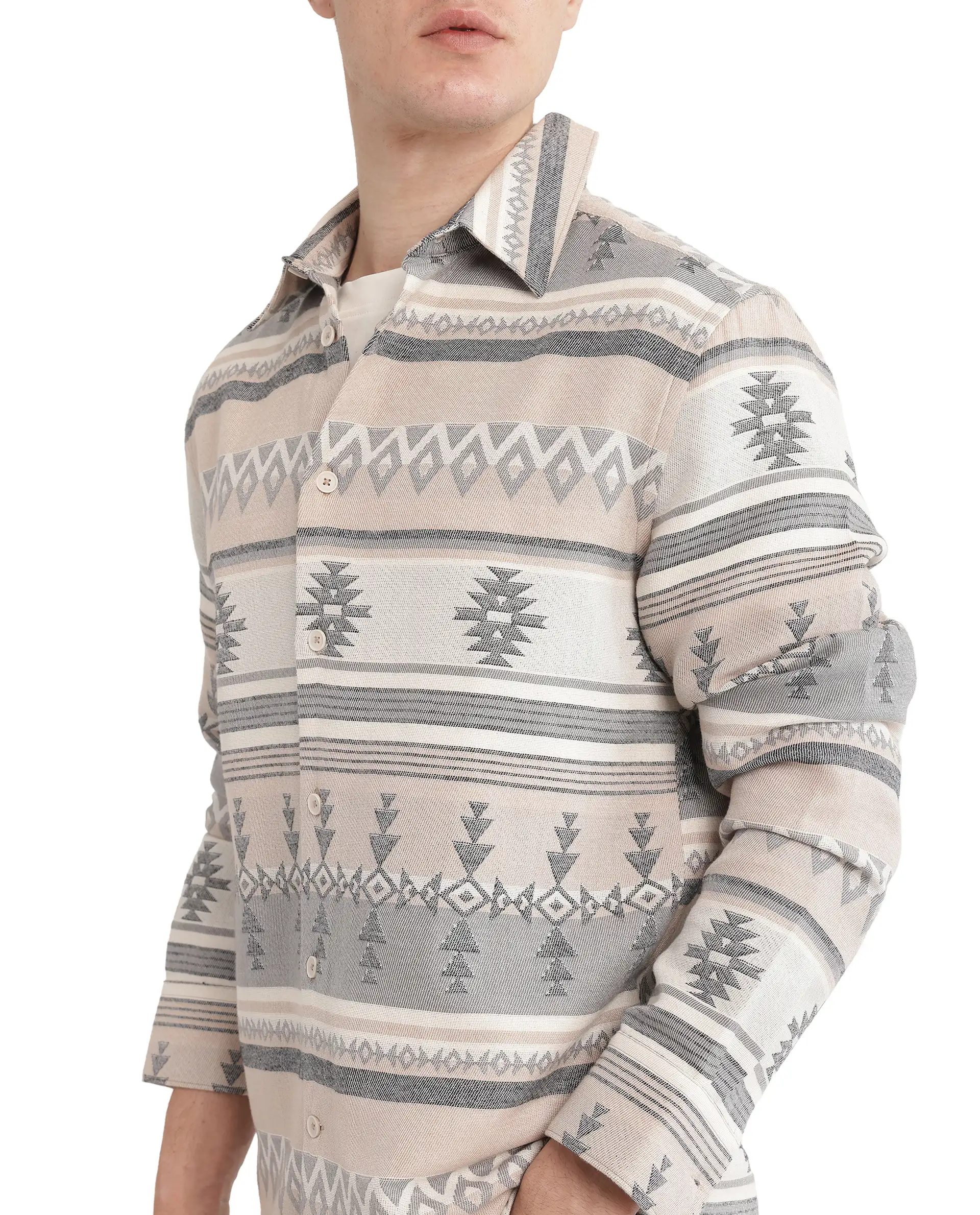Rare Rabbit Men's Pinter Beige Cotton Jacquard Relaxed Fit Full Sleeve Collared Shirt - Image 3
