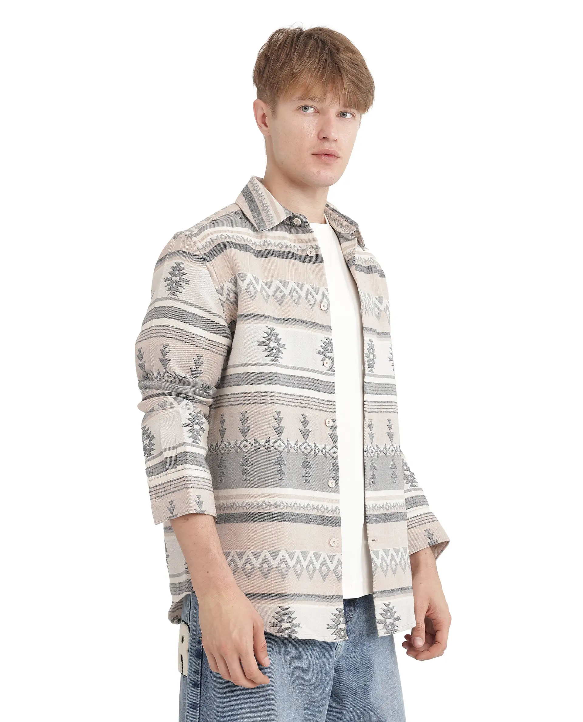 Rare Rabbit Men's Pinter Beige Cotton Jacquard Relaxed Fit Full Sleeve Collared Shirt - Image 5