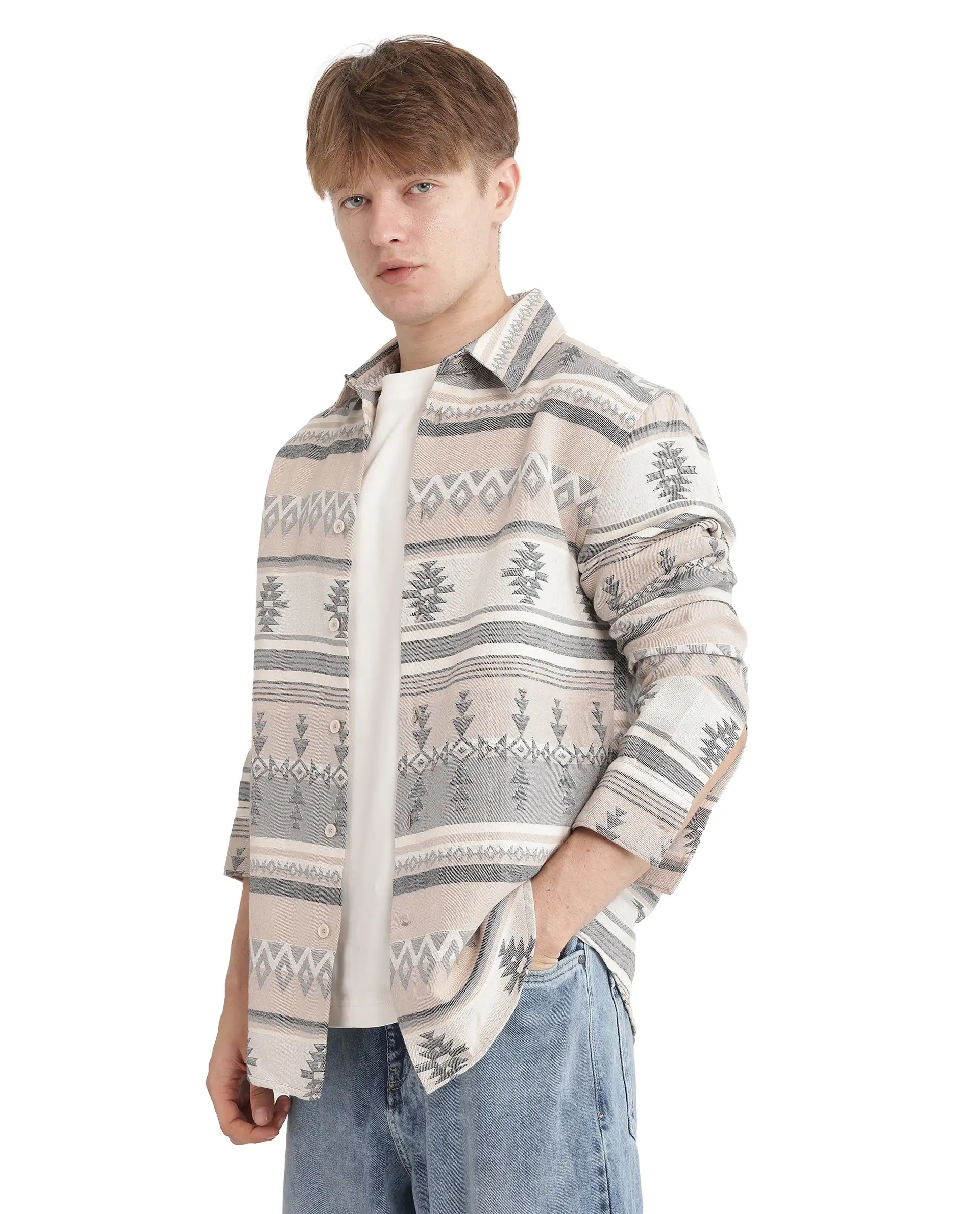 Rare Rabbit Men's Pinter Beige Cotton Jacquard Relaxed Fit Full Sleeve Collared Shirt - Image 6