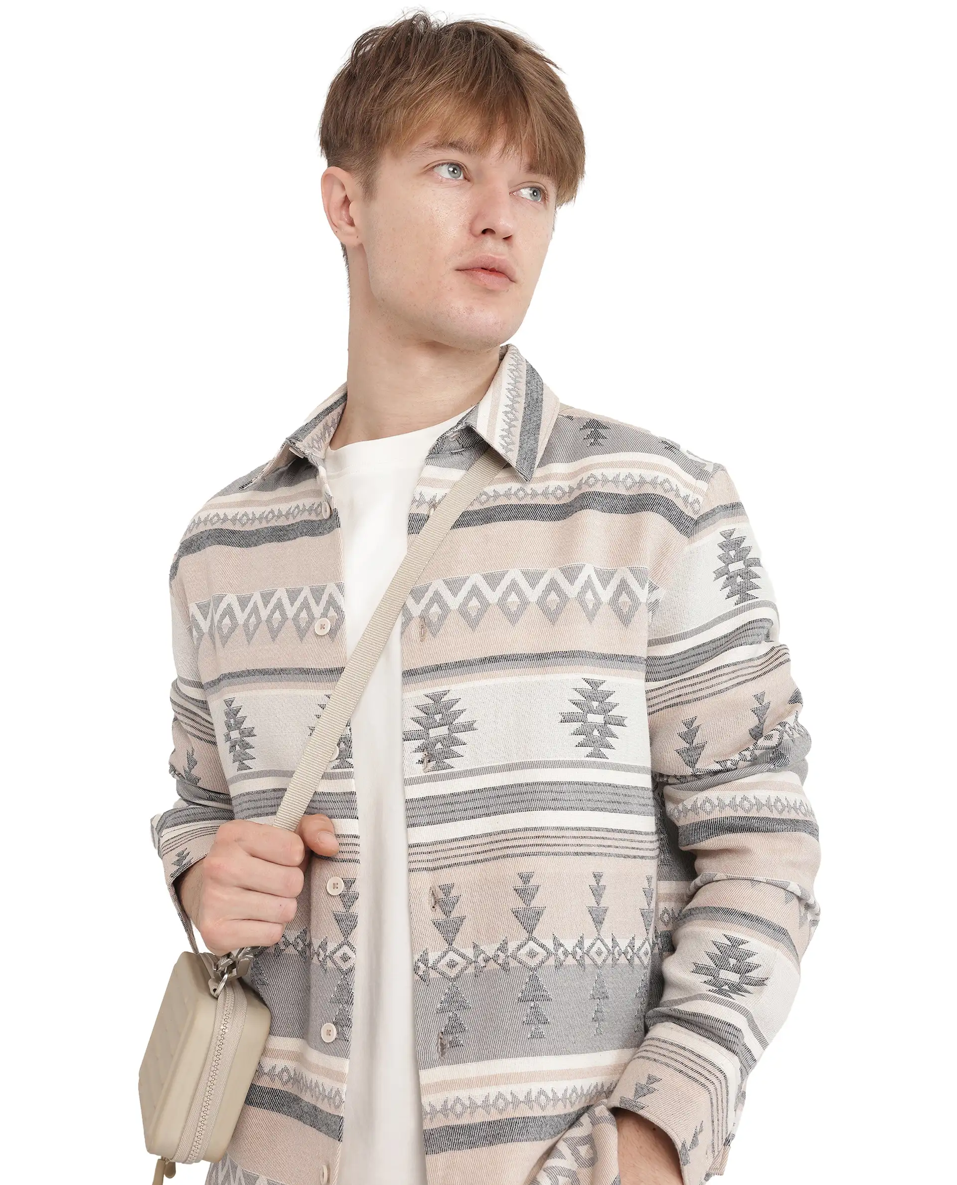 Rare Rabbit Men's Pinter Beige Cotton Jacquard Relaxed Fit Full Sleeve Collared Shirt - Image 7