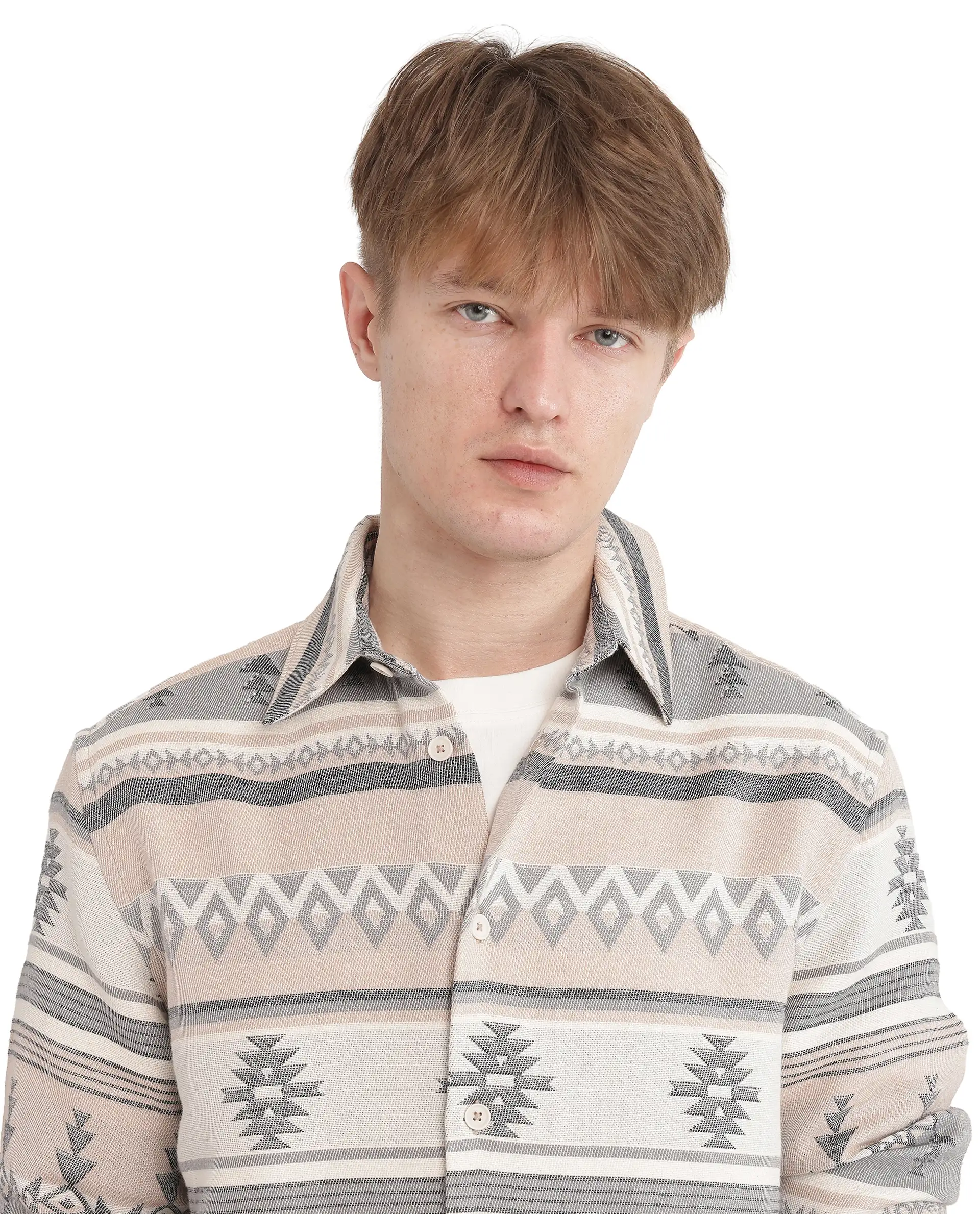 Rare Rabbit Men's Pinter Beige Cotton Jacquard Relaxed Fit Full Sleeve Collared Shirt - Image 8